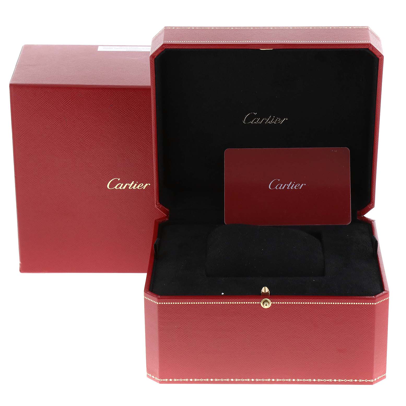 This image shows the red presentation box and paperwork for a Cartier Tank MC WSTA0010 Men
s Stainless Steel Blue Dial WSTA0010 Men
s Stainless Steel Blue Dial watch.