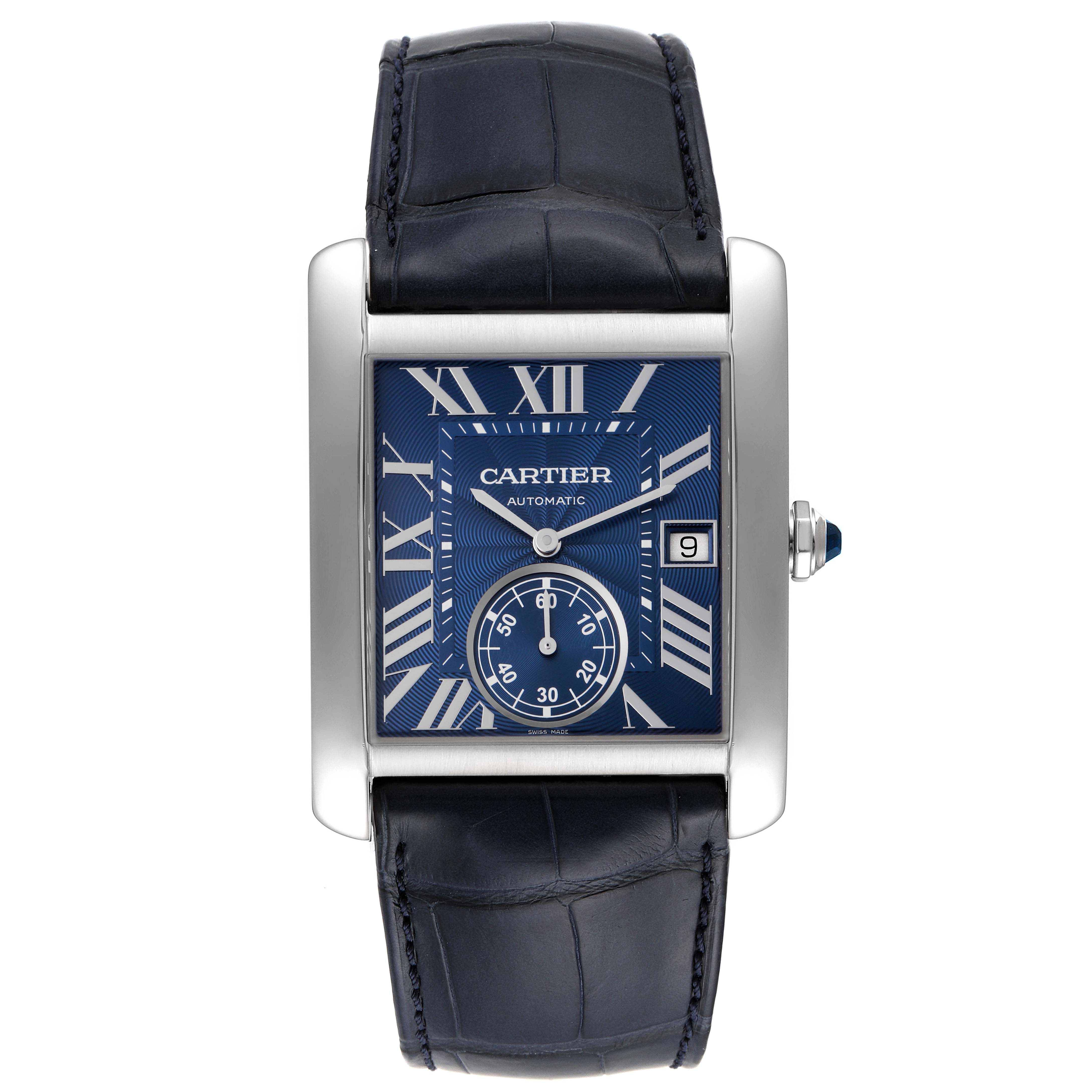 The image shows a front view of a Cartier Tank MC WSTA0010 Men
s Stainless Steel Blue Dial WSTA0010 Men
s Stainless Steel Blue Dial watch featuring a blue dial, Roman numerals, subdial, leather strap, and date function.