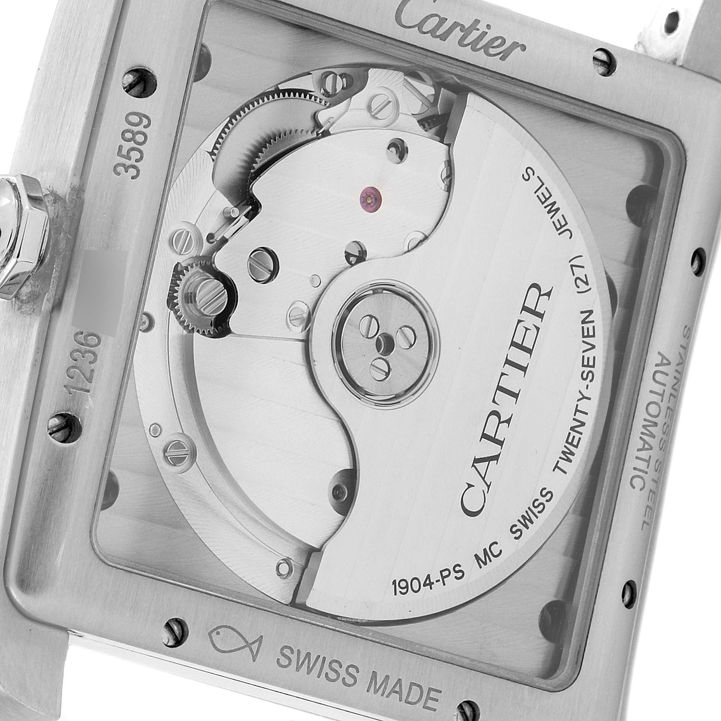 The image shows the back of the Cartier Tank MC WSTA0010 Men
s Stainless Steel Blue Dial WSTA0010 Men
s Stainless Steel Blue Dial watch, highlighting its movement and engraved details.