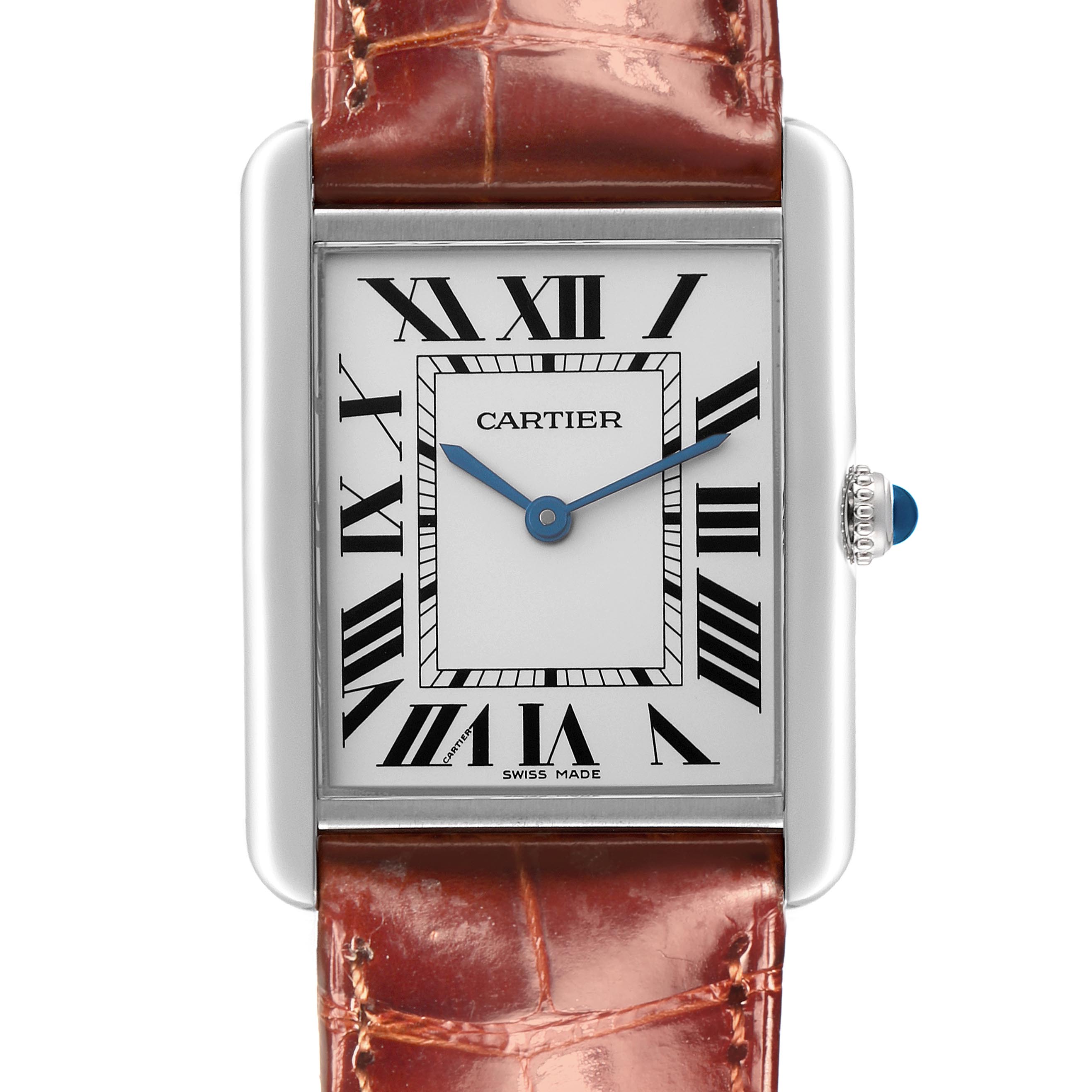 The image shows a front view of the Cartier Tank Solo W1018355 Men
s Stainless Steel Silver Dial W1018355 Men
s Stainless Steel Silver Dial watch, highlighting its rectangular face, Roman numerals, and leather strap.