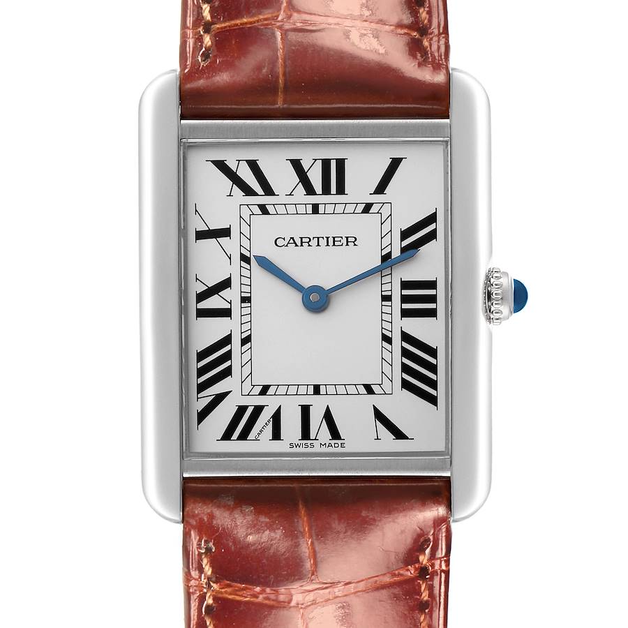 The image shows a front view of the Cartier Tank Solo watch, highlighting its rectangular face, Roman numerals, and leather strap.