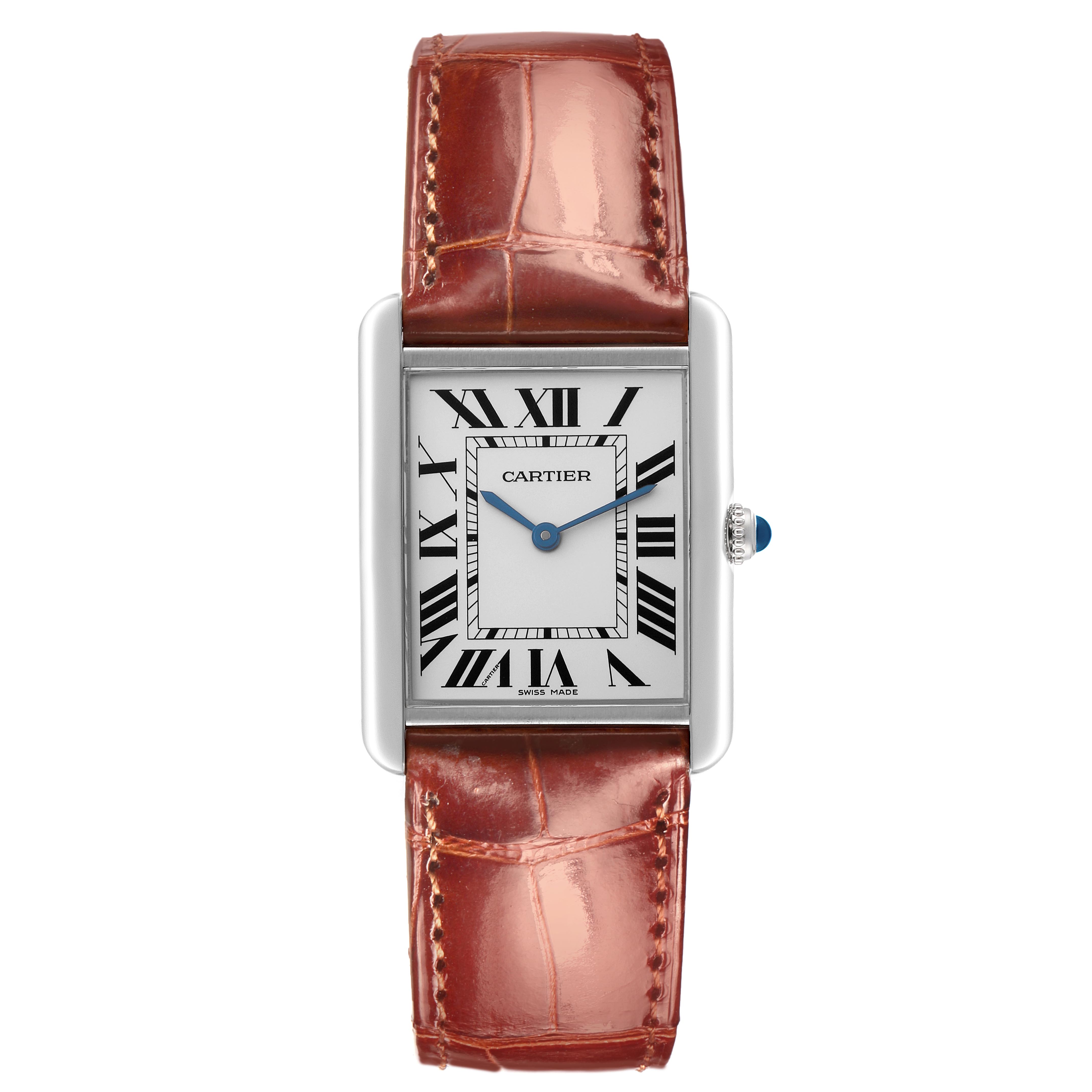 The Cartier Tank Solo W1018355 Men
s Stainless Steel Silver Dial W1018355 Men
s Stainless Steel Silver Dial watch is shown from the front, displaying the face, Roman numerals, and leather strap.