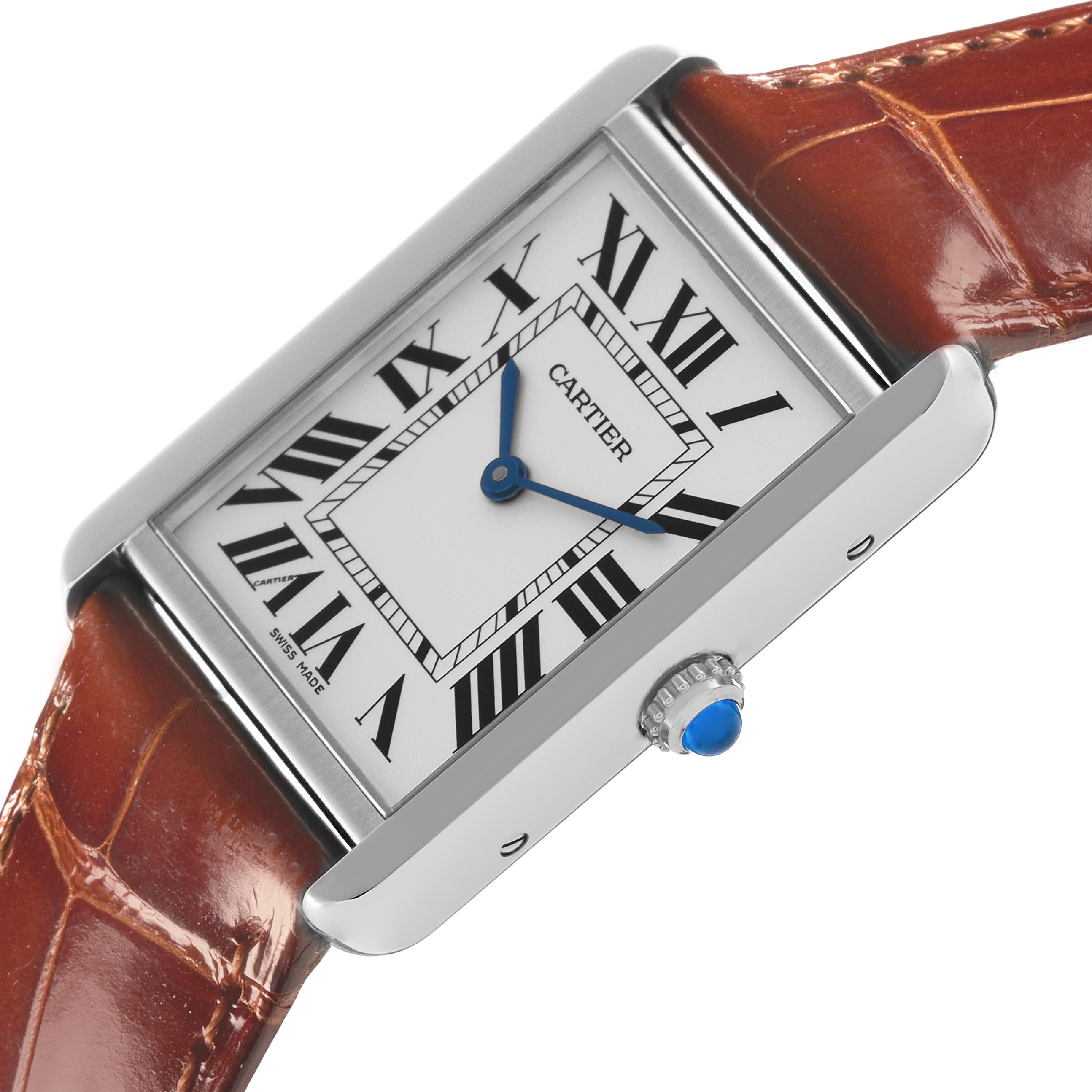 The Cartier Tank Solo W1018355 Men
s Stainless Steel Silver Dial W1018355 Men
s Stainless Steel Silver Dial watch is shown at an angled view, displaying its rectangular face, Roman numerals, blue hands, crown, and brown leather strap.