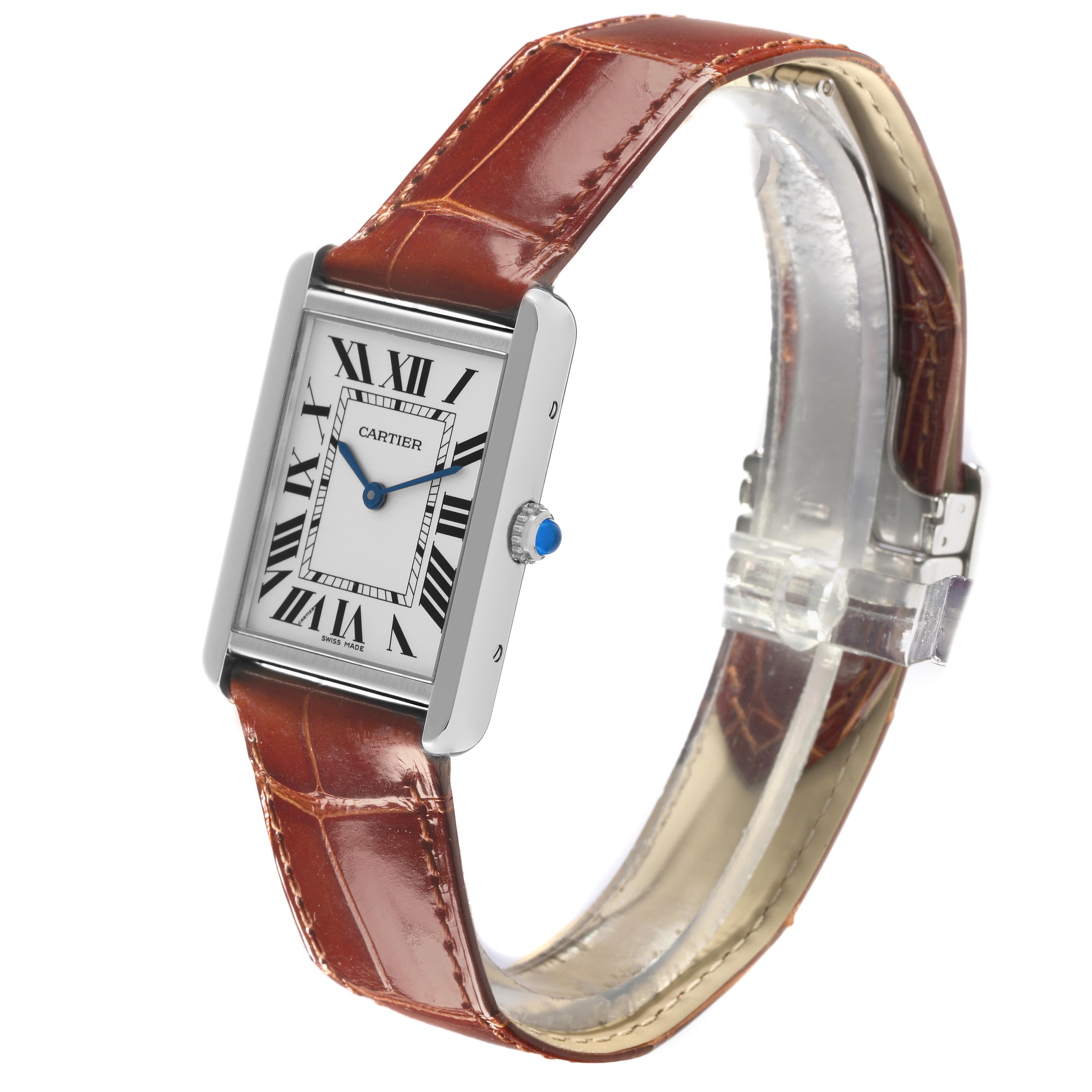 The Cartier Tank Solo W1018355 Men
s Stainless Steel Silver Dial W1018355 Men
s Stainless Steel Silver Dial watch is shown from a three-quarter angle, displaying the dial, case, crown, and brown leather strap.
