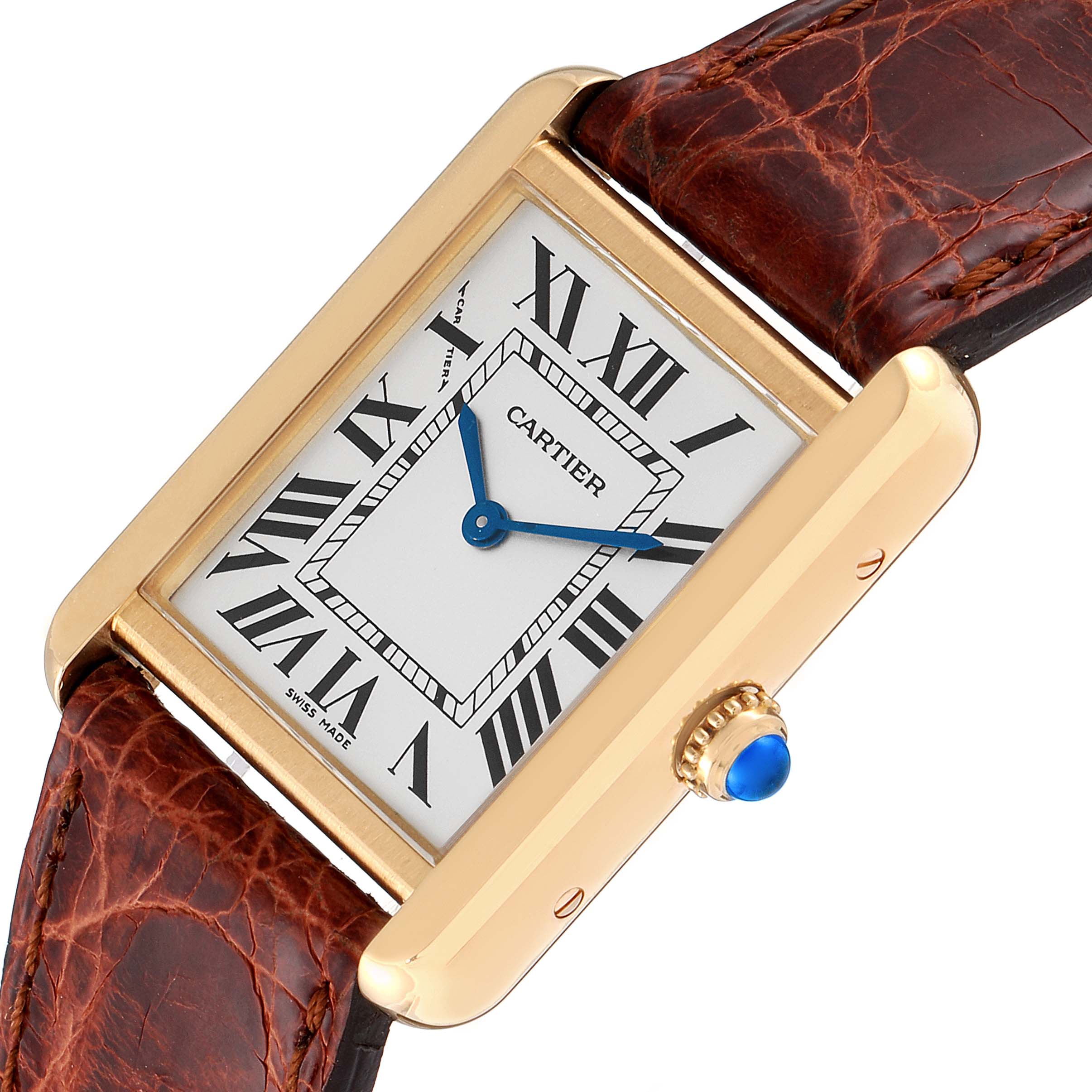 This image shows a close-up angled view of the Cartier Tank Solo W1018755 Women's Yellow Gold Silver Dial W1018755 Women's Yellow Gold Silver Dial watch, highlighting its face, crown, and leather strap.
