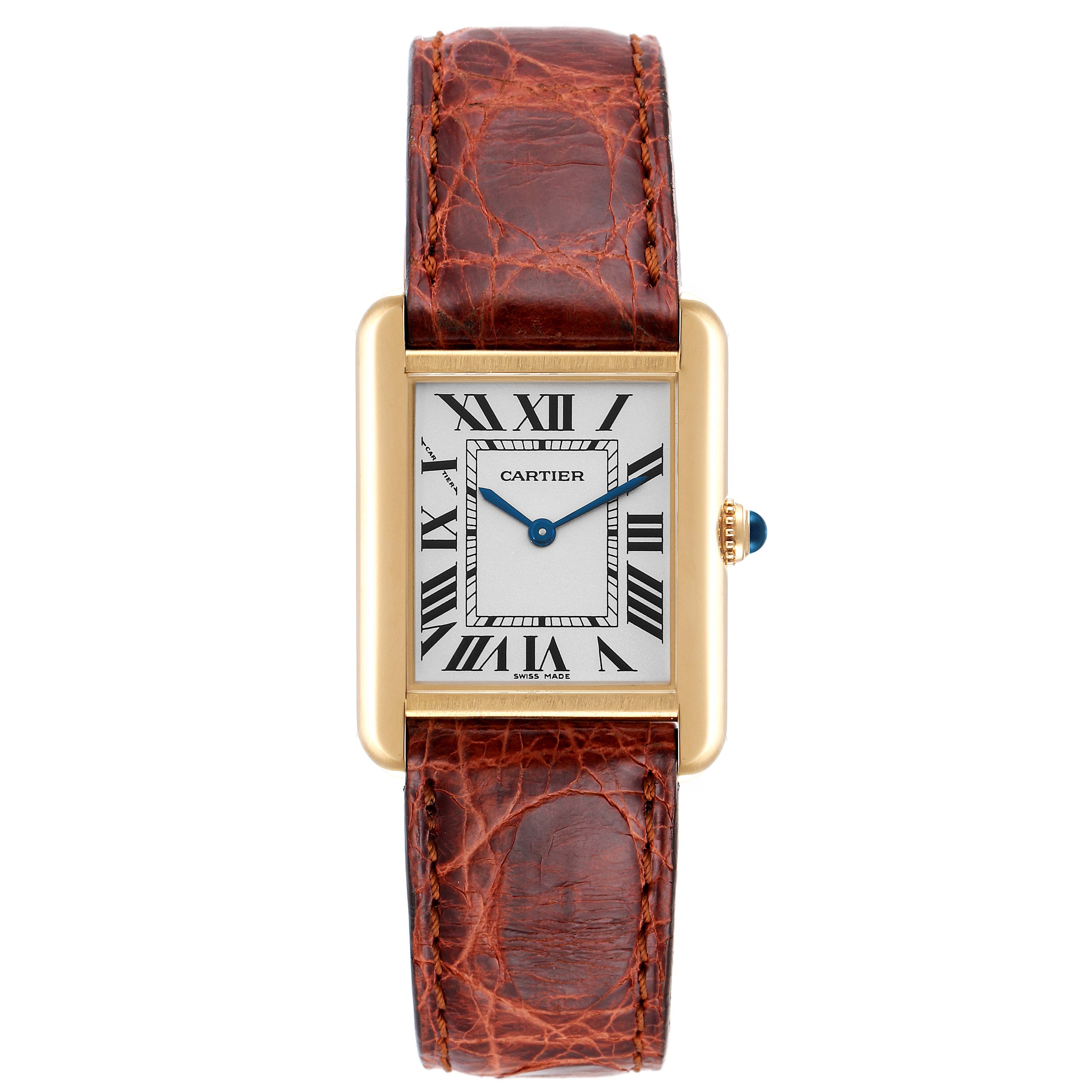 The image shows a front view of the Cartier Tank Solo W1018755 Women's Yellow Gold Silver Dial W1018755 Women's Yellow Gold Silver Dial watch, highlighting its rectangular face, Roman numerals, and leather strap.