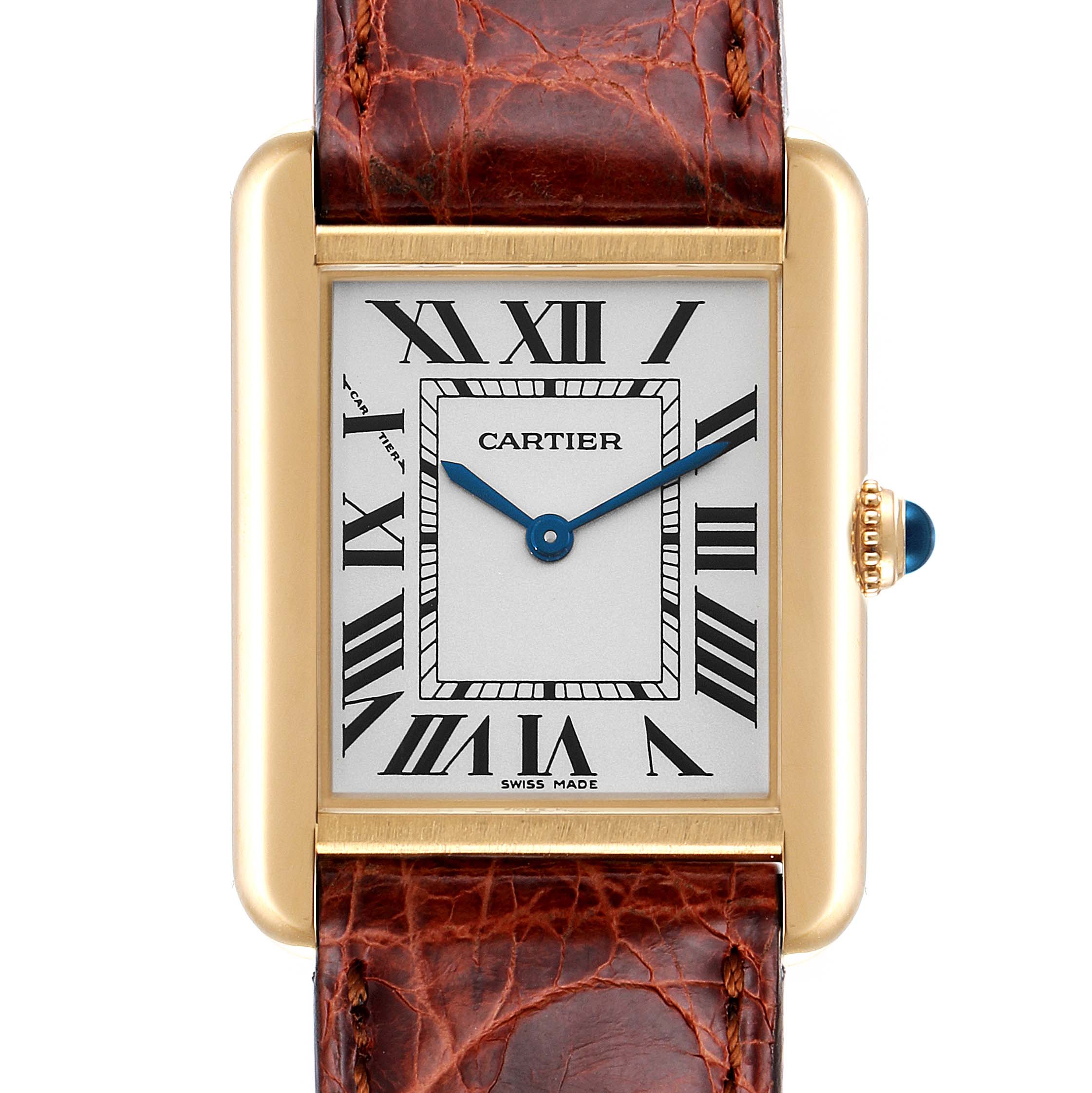 The Cartier Tank Solo W1018755 Women's Yellow Gold Silver Dial W1018755 Women's Yellow Gold Silver Dial watch is shown from the front, highlighting its dial, hands, case, and brown leather strap.