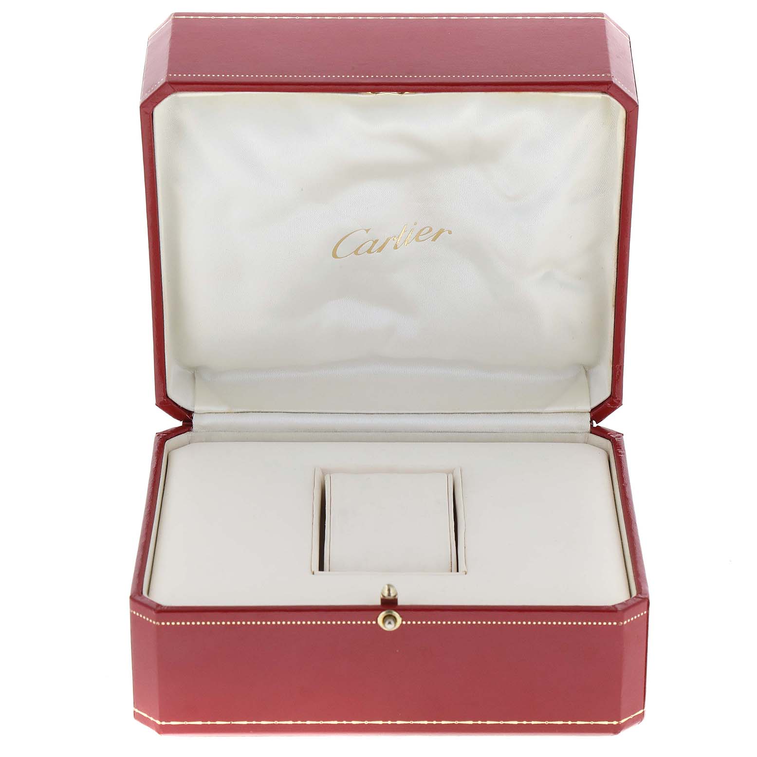 The image shows an empty red watch box for the Cartier Tank Solo W1018755 Women's Yellow Gold Silver Dial W1018755 Women's Yellow Gold Silver Dial model, viewed from the front with an open lid.