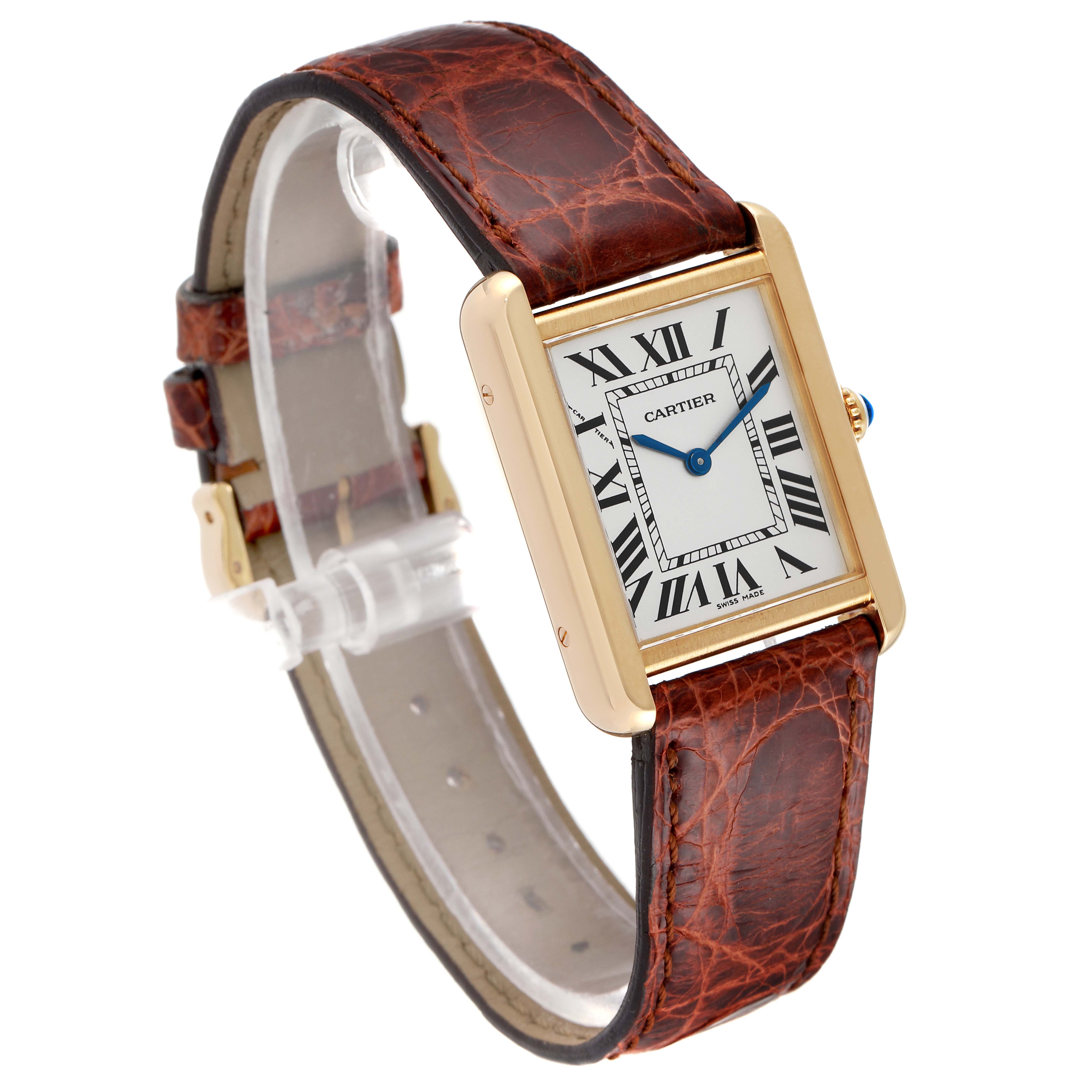 The Cartier Tank Solo W1018755 Women's Yellow Gold Silver Dial W1018755 Women's Yellow Gold Silver Dial model watch is shown at a slight angle, highlighting its rectangular face, leather strap, and Roman numeral dial.