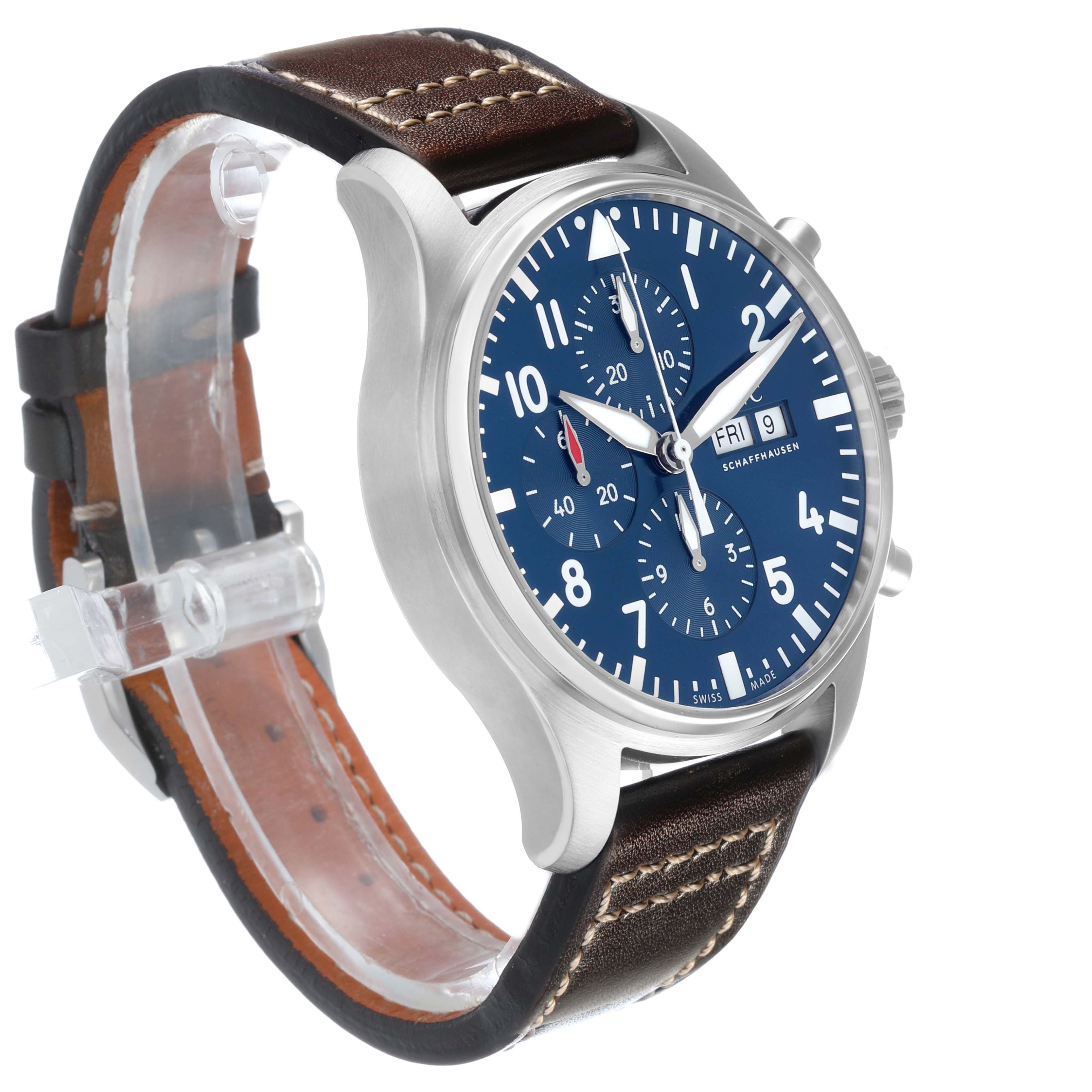 The IWC Pilot IW377714 Men's Stainless Steel Blue Dial watch is shown at a three-quarter angle highlighting its blue dial, chronograph subdials, and leather strap.