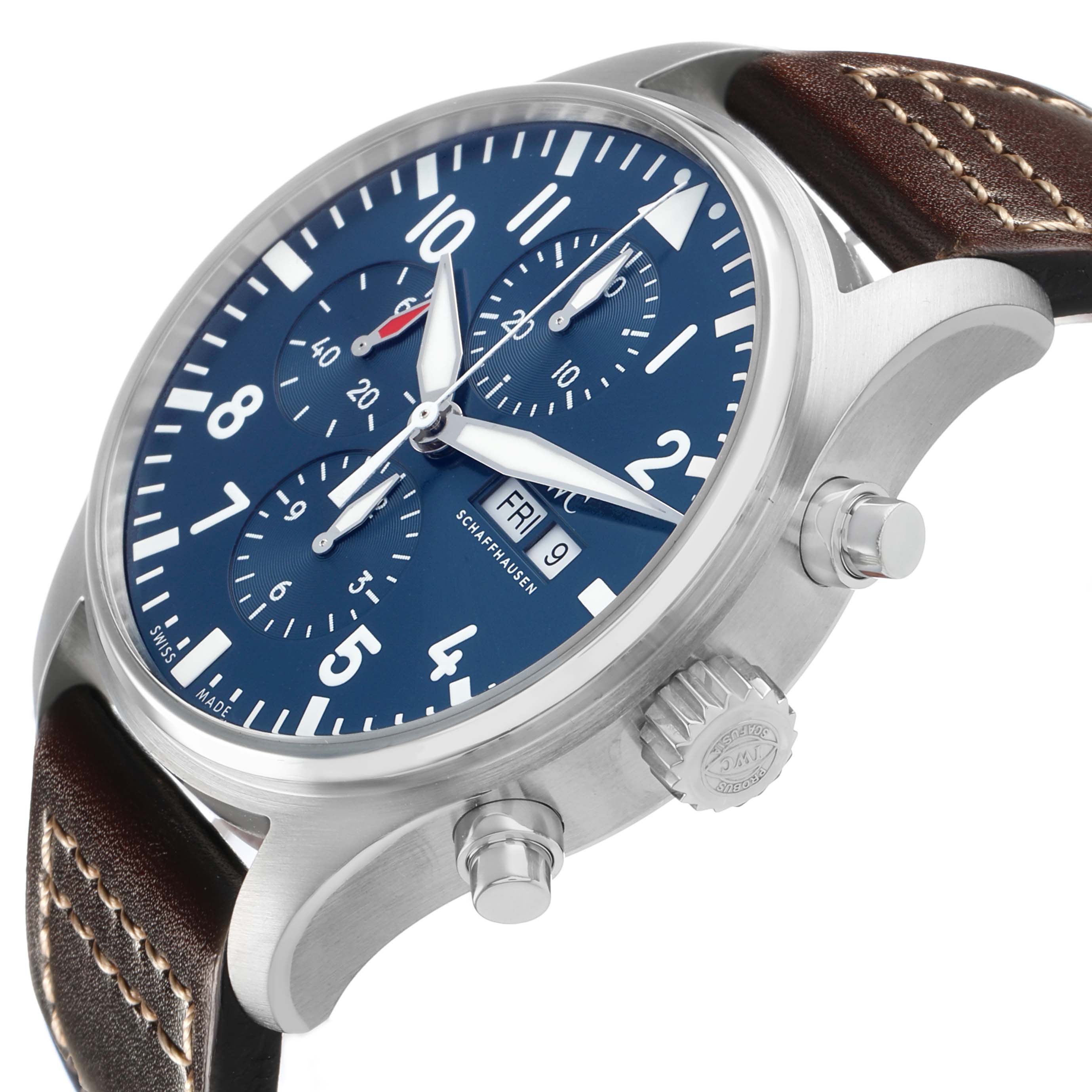 This IWC Pilot IW377714 Men's Stainless Steel Blue Dial watch is shown from a three-quarter angle, highlighting the face, crown, pushers, and leather strap.