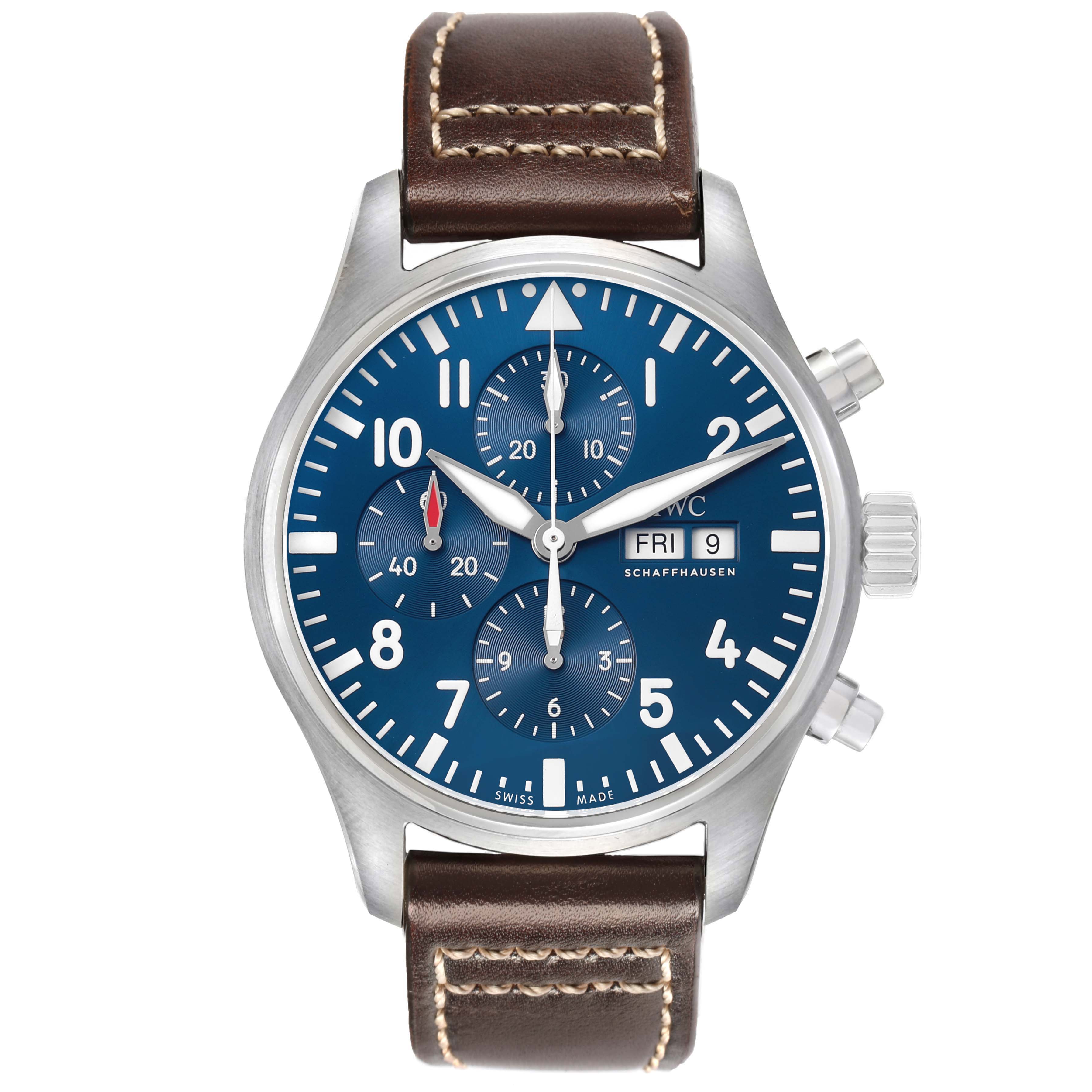 The IWC Pilot IW377714 Men's Stainless Steel Blue Dial model watch is shown from the front, displaying the dial, hands, chronograph sub-dials, and leather strap.
