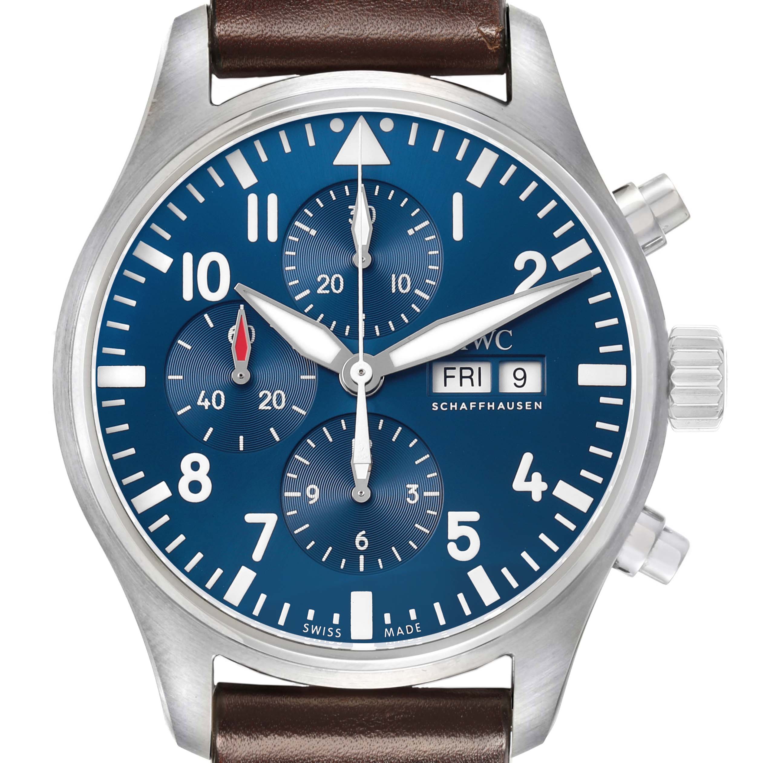 The IWC Pilot IW377714 Men's Stainless Steel Blue Dial watch is shown from the front, featuring a blue dial, chronograph subdials, and a leather strap.