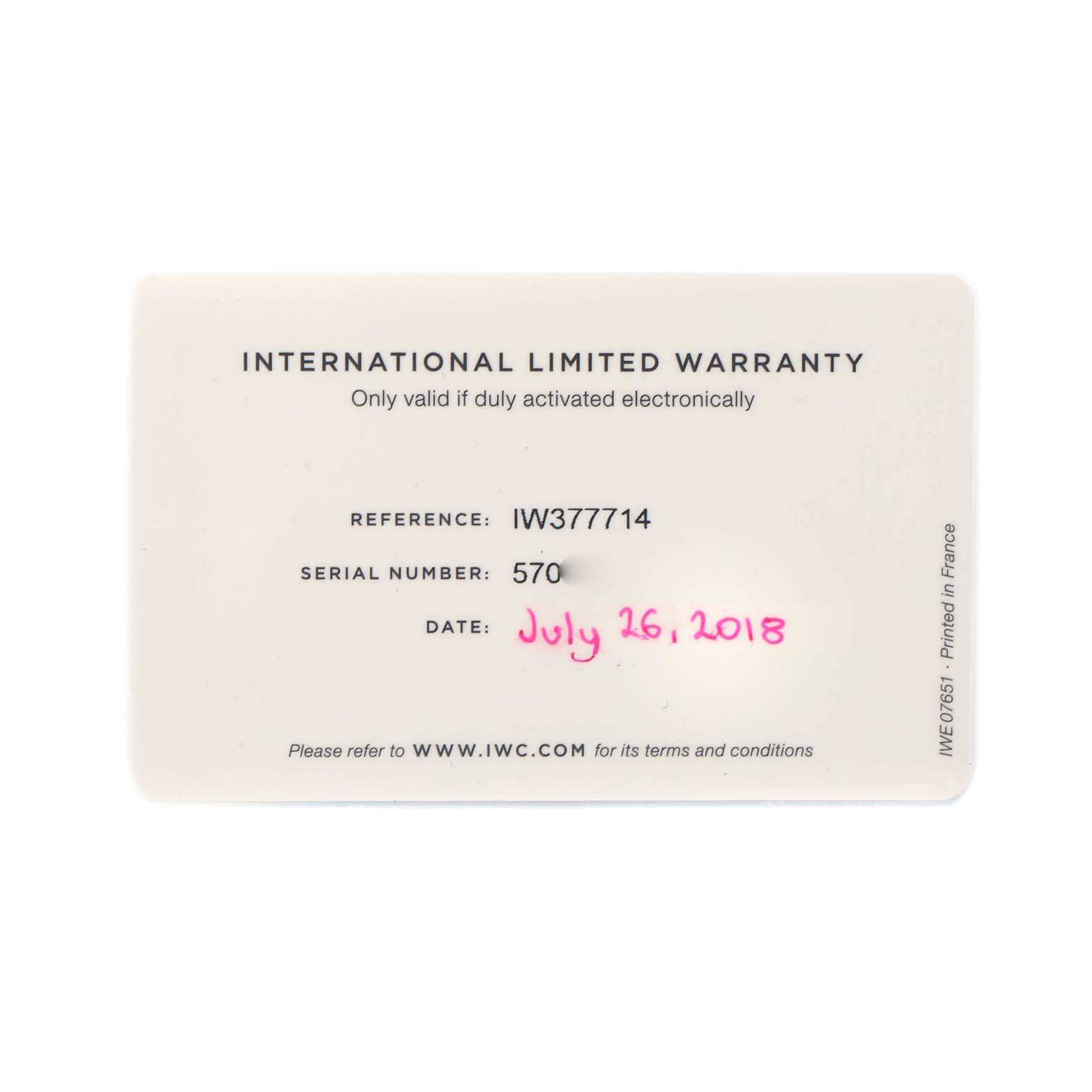 The image shows an IWC Pilot IW377714 Men's Stainless Steel Blue Dial model warranty card with reference and serial numbers.