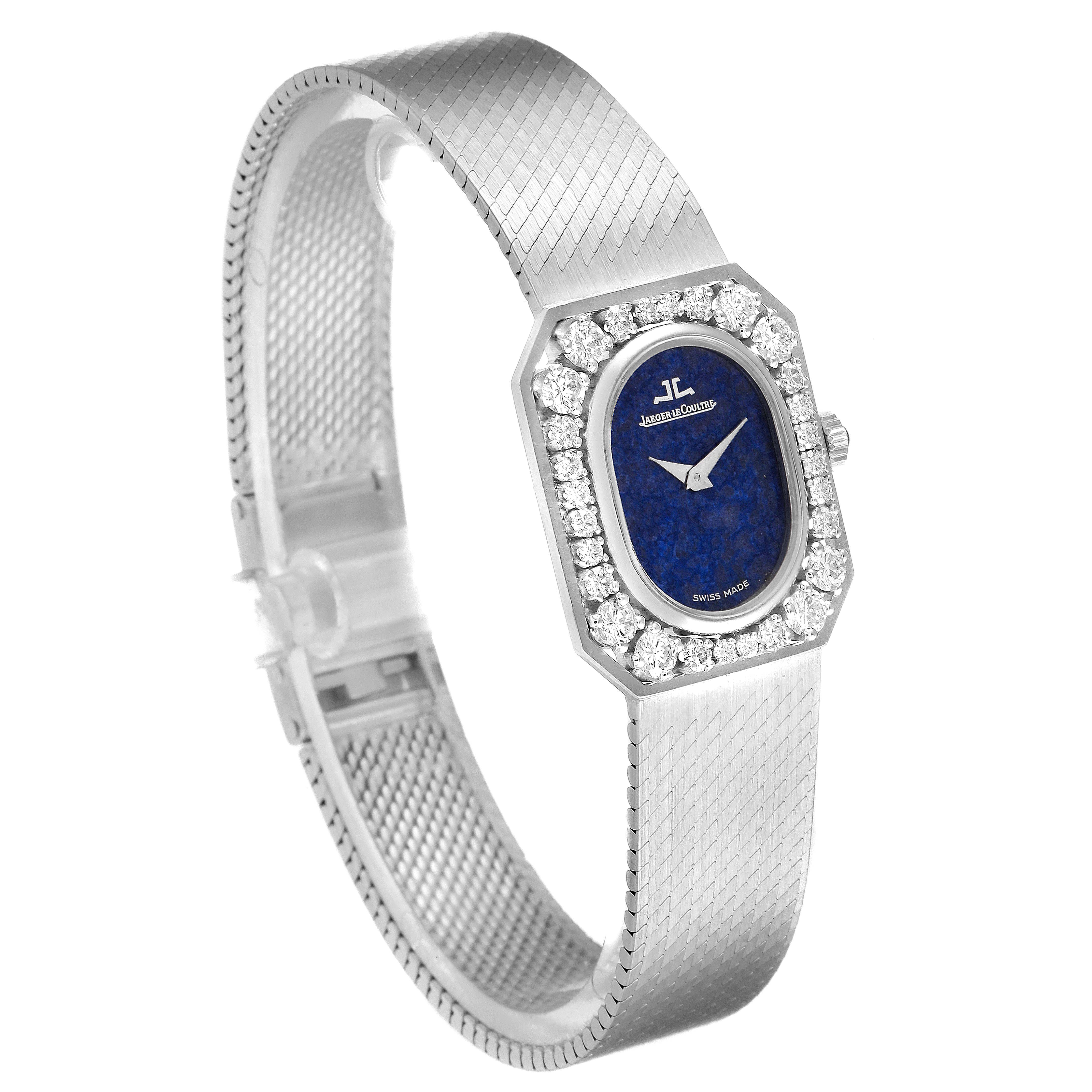 The Jaeger-LeCoultre Vintage watch is shown from a front-left angle, displaying the face, bezel, crown, and part of the bracelet.