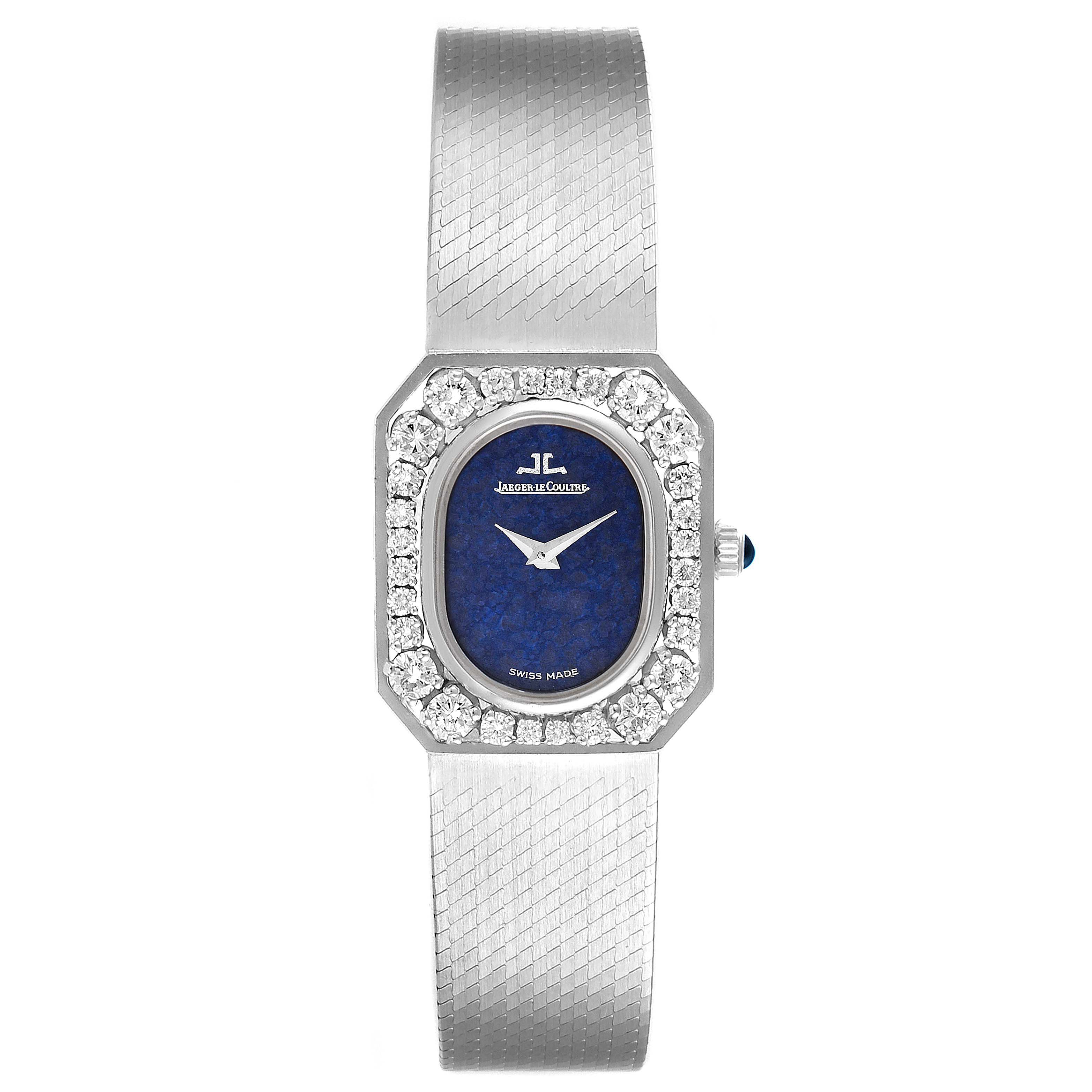 This image shows a front view of the vintage Jaeger LeCoultre watch, highlighting the dial, bezel, and bracelet.