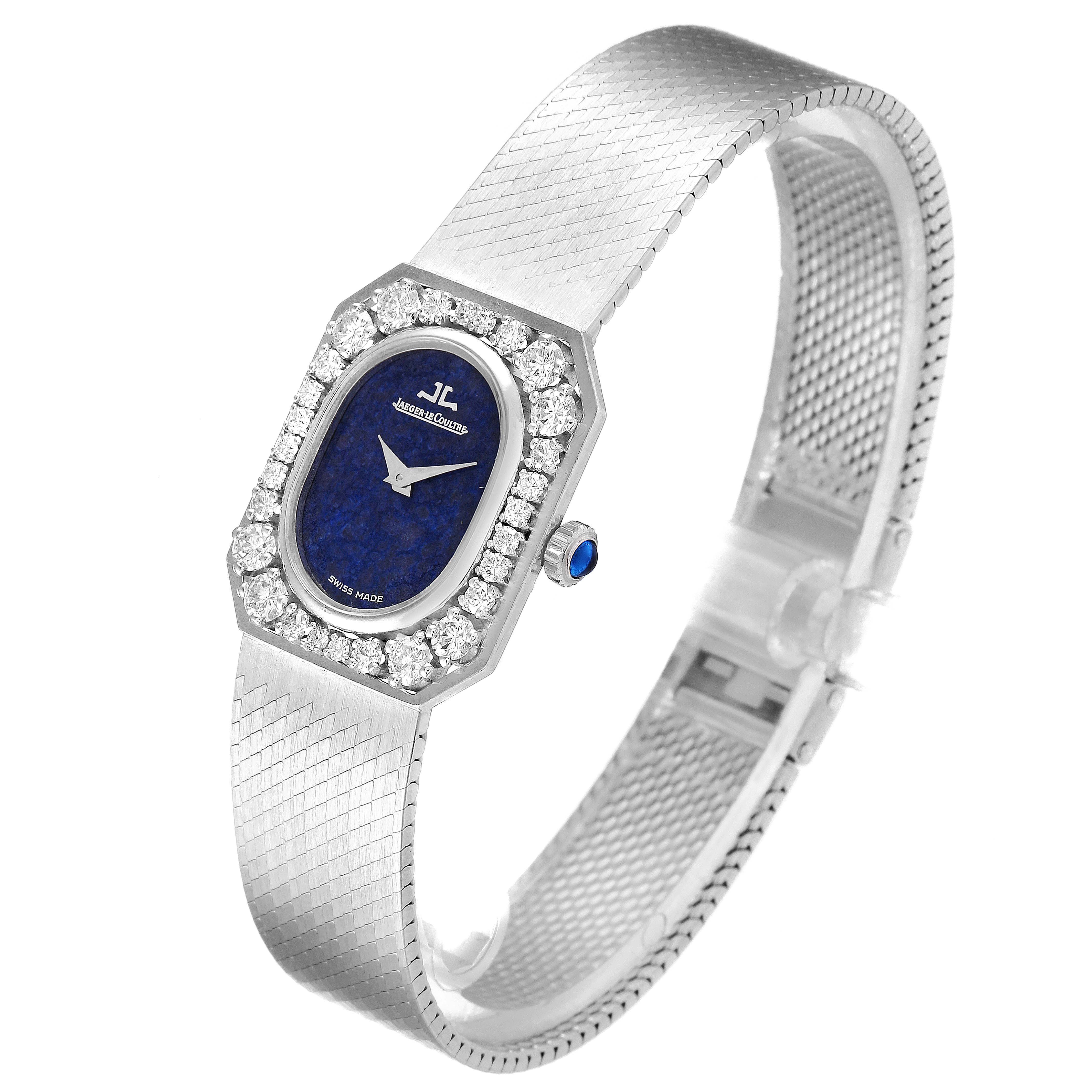 The image shows a Jaeger LeCoultre Vintage 16315.22 Women's White Gold Blue Dial 16315.22 Women's White Gold Blue Dial watch at a slight angle, highlighting the blue dial, diamond bezel, and textured bracelet.