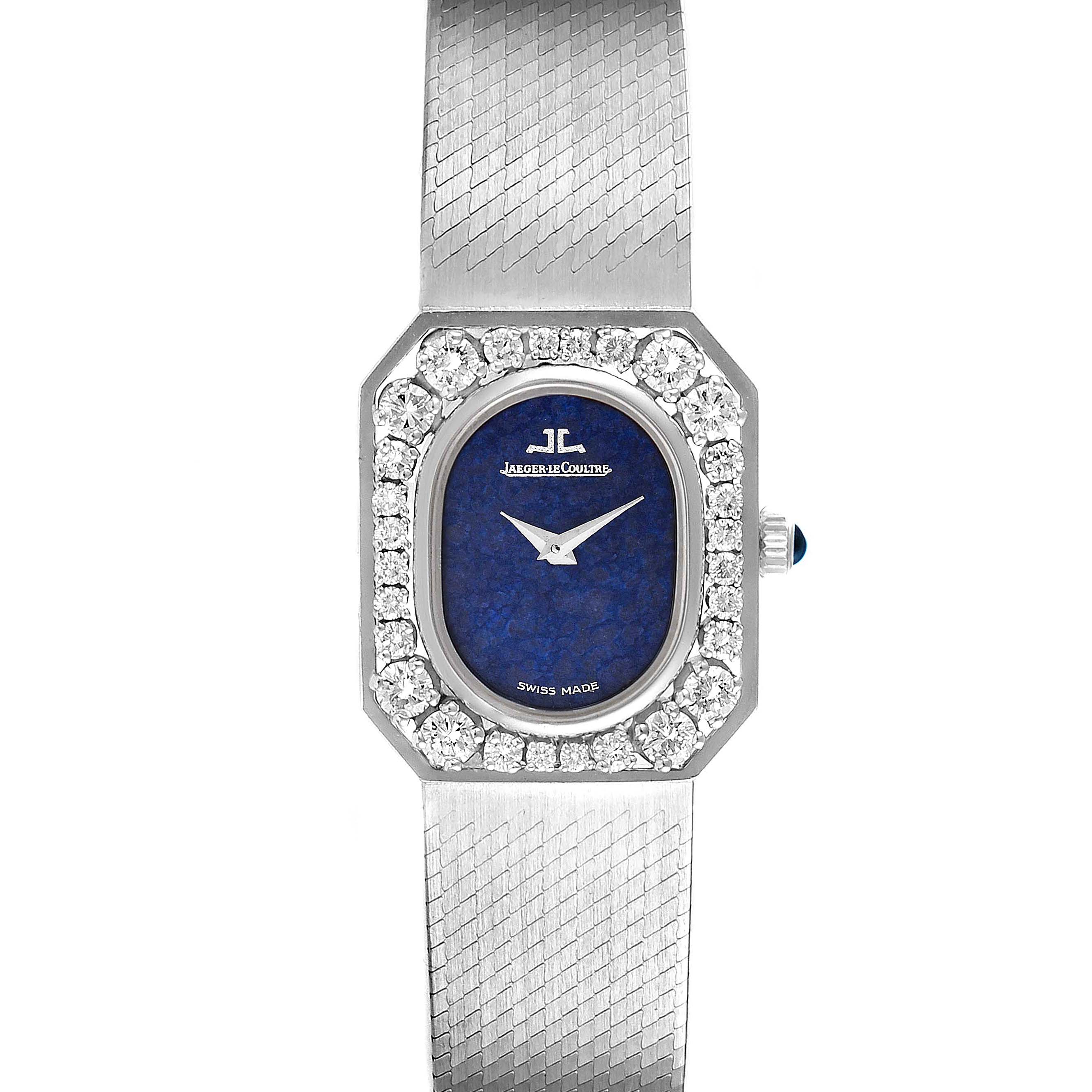 The image shows a front view of a Jaeger LeCoultre Vintage 16315.22 Women's White Gold Blue Dial 16315.22 Women's White Gold Blue Dial watch, highlighting its blue dial, diamond bezel, and stainless-steel band.