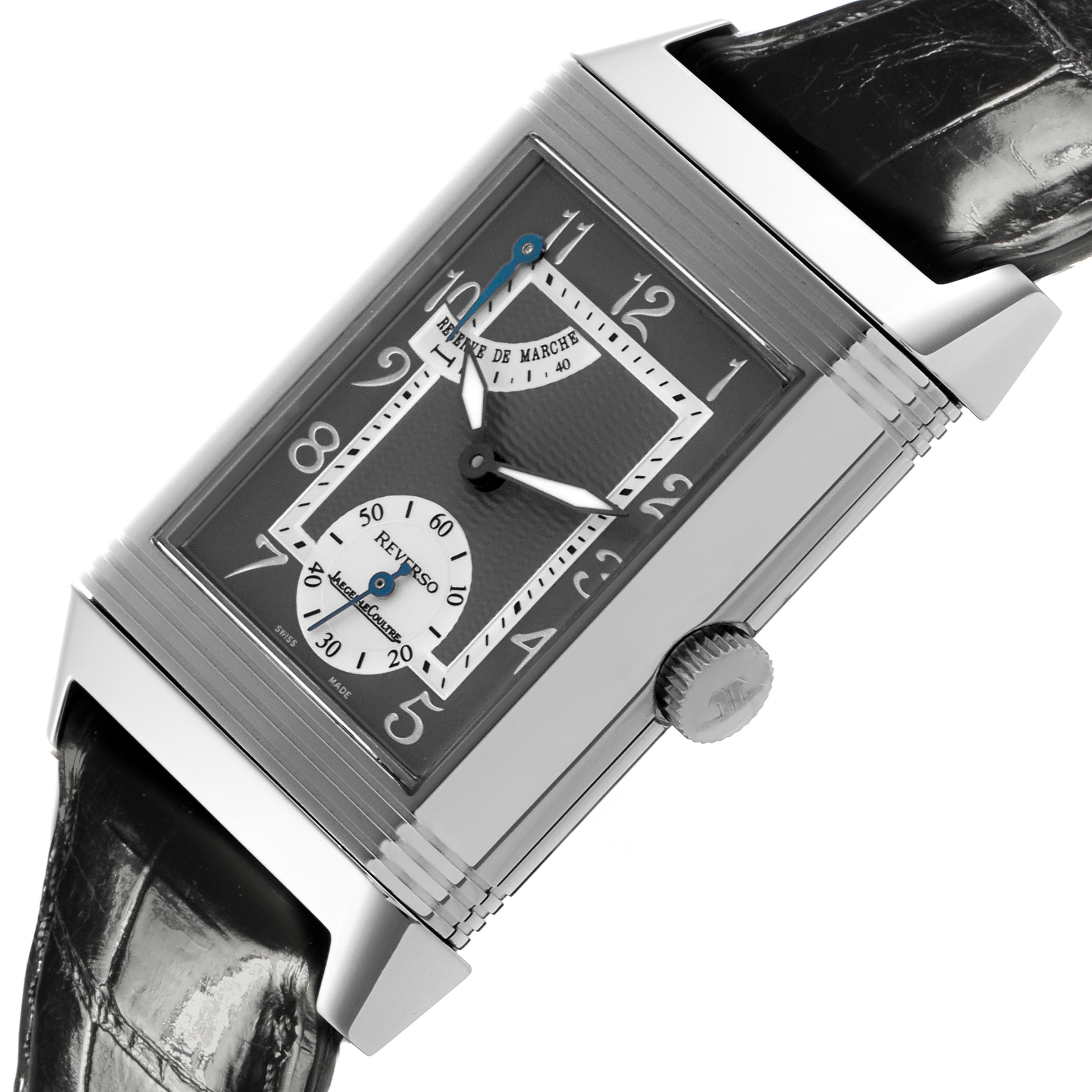 The Jaeger-LeCoultre Reverso watch is shown at an angled side view, highlighting the case, crown, and part of the strap.