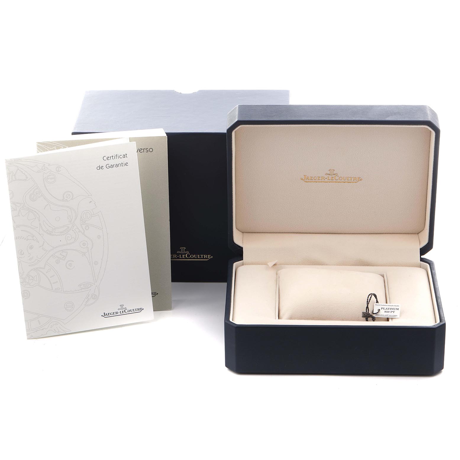 The image shows an open Jaeger LeCoultre Reverso Q2706440 Men
s Platinum Grey Dial Q2706440 Men
s Platinum Grey Dial watch box, certificate, and outer box, viewed from the front.