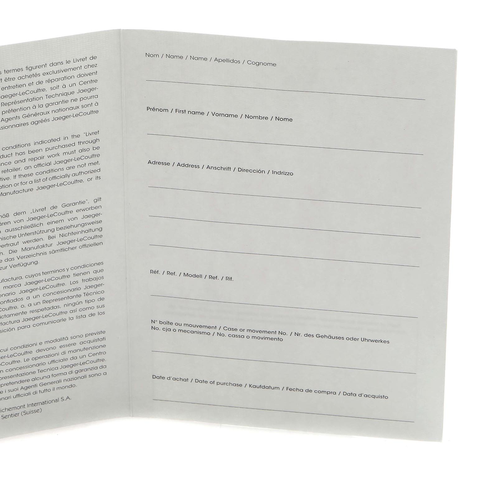 This image shows the open guarantee booklet for a Reverso model by Jaeger LeCoultre.