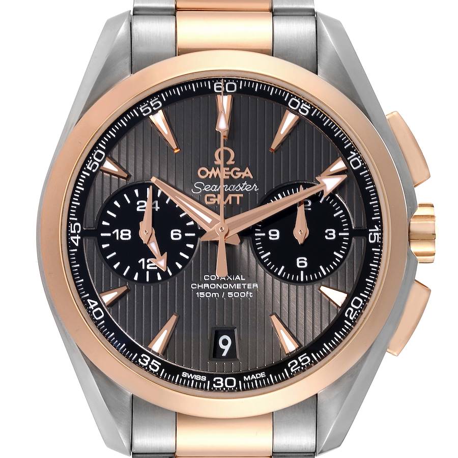 The Omega Aqua Terra watch is shown from a front angle, highlighting the dial, bezel, and bracelet.