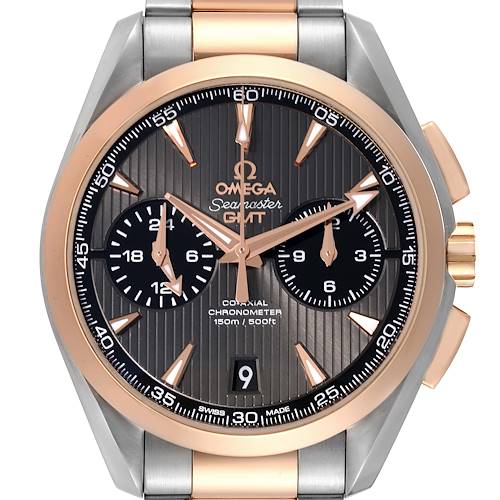 The Omega Aqua Terra model is shown from the front, highlighting the dial, subdials, hands, and part of the bracelet.