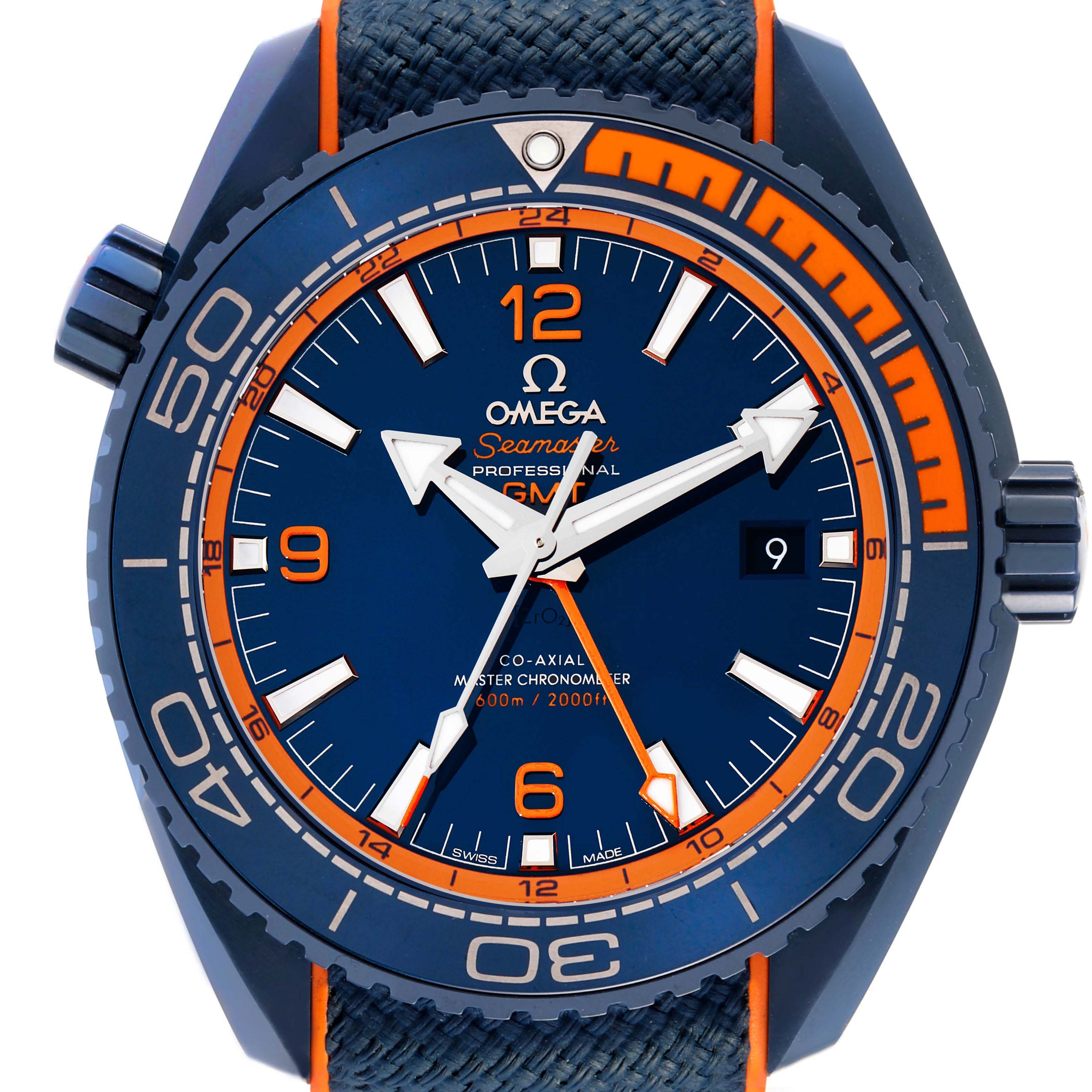 The image shows a front view of the Omega Planet Ocean 215.92.46.22.03.001 Men's Ceramic Blue Dial watch, highlighting its dial, bezel, and crown.