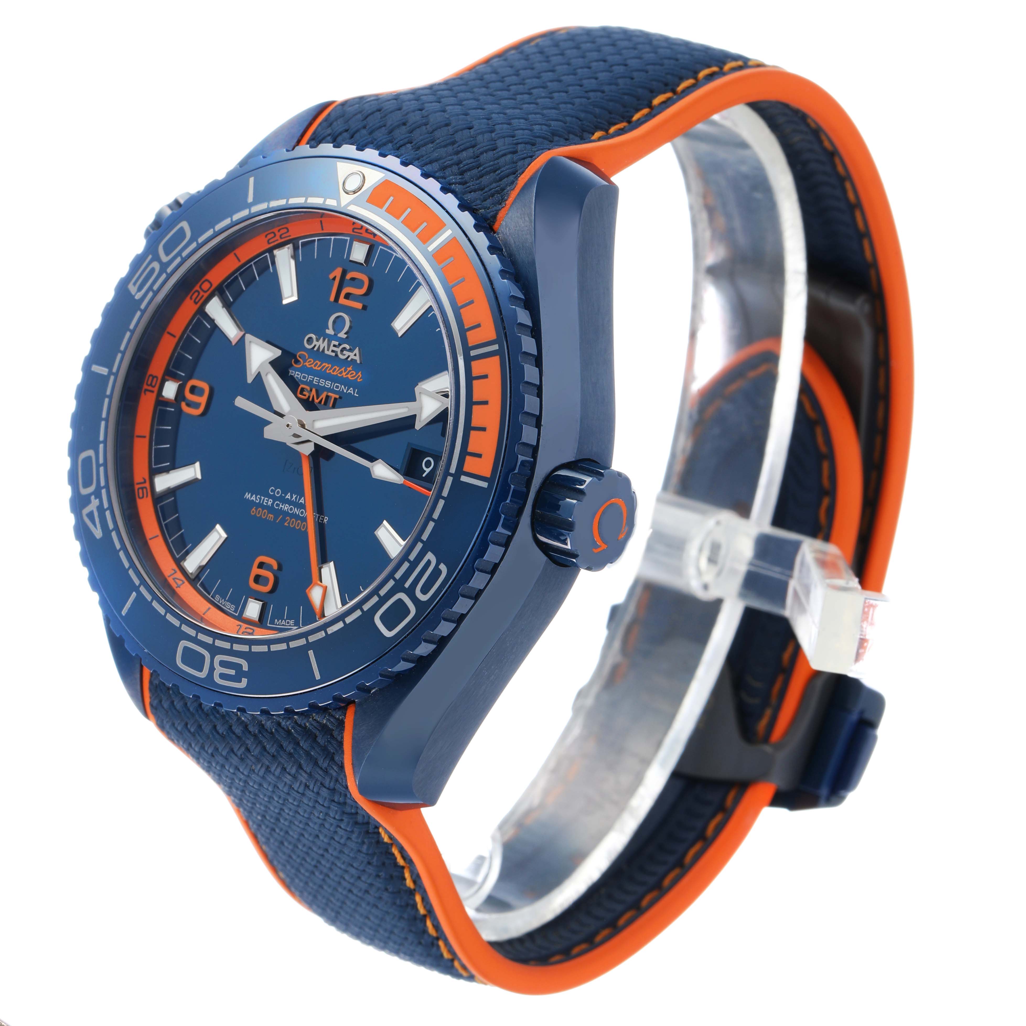 The Omega Planet Ocean 215.92.46.22.03.001 Men's Ceramic Blue Dial watch is shown at an angled side view, displaying the bezel, crown, dial, and part of the strap.