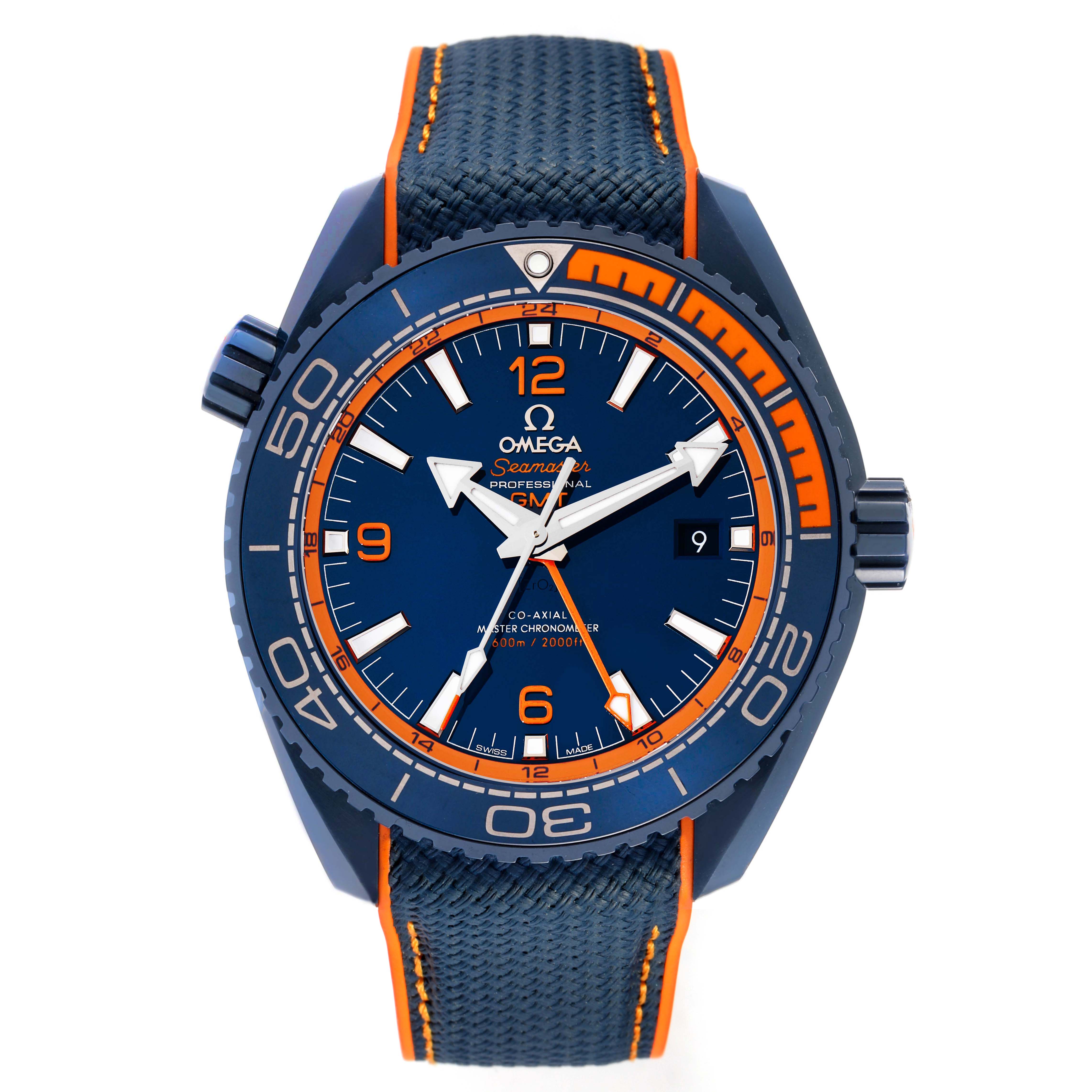 The Omega Planet Ocean 215.92.46.22.03.001 Men's Ceramic Blue Dial watch is shown from a front angle, highlighting its bezel, dial, and strap.