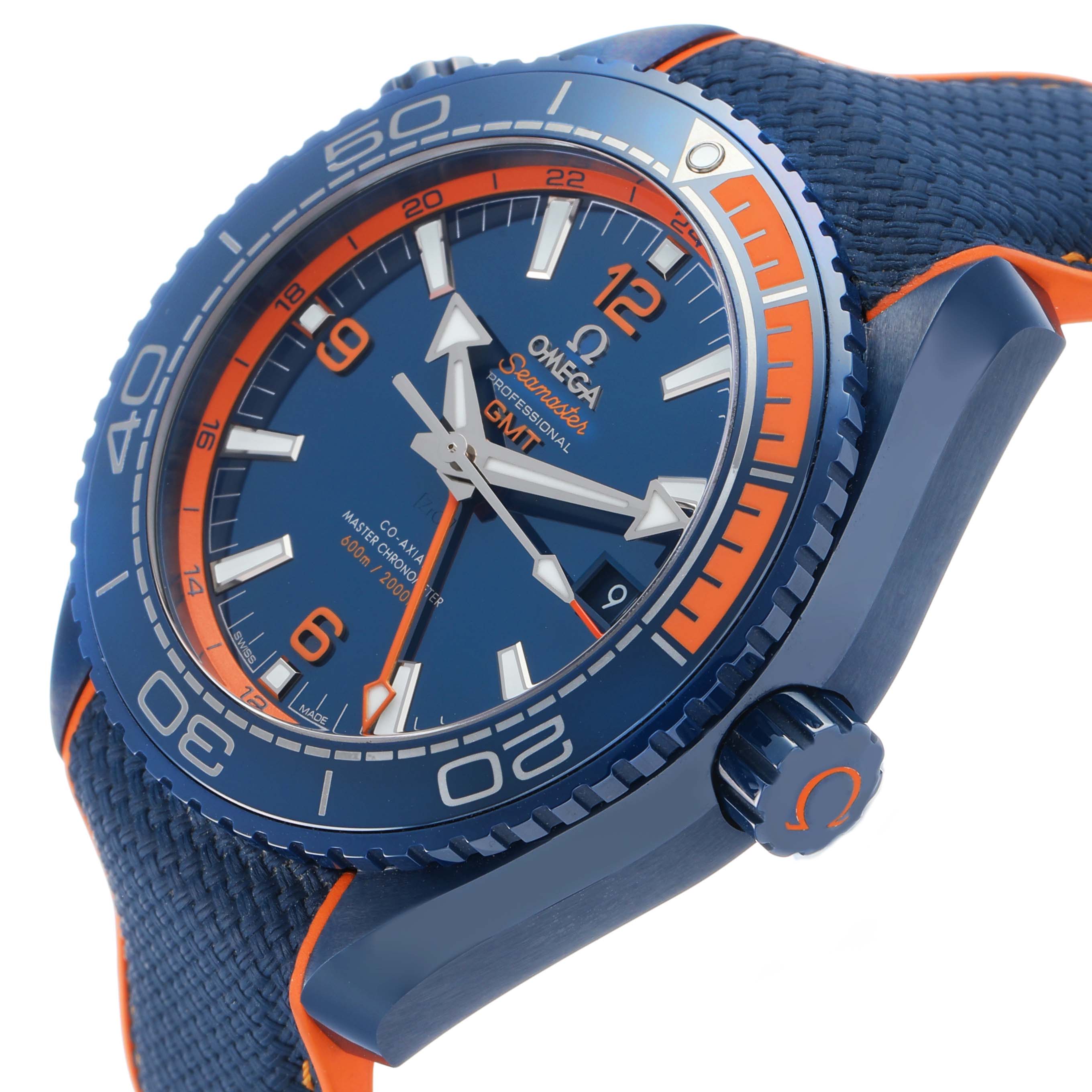The Omega Planet Ocean 215.92.46.22.03.001 Men's Ceramic Blue Dial watch is shown at an angle emphasizing its face, bezel, crown, and strap.