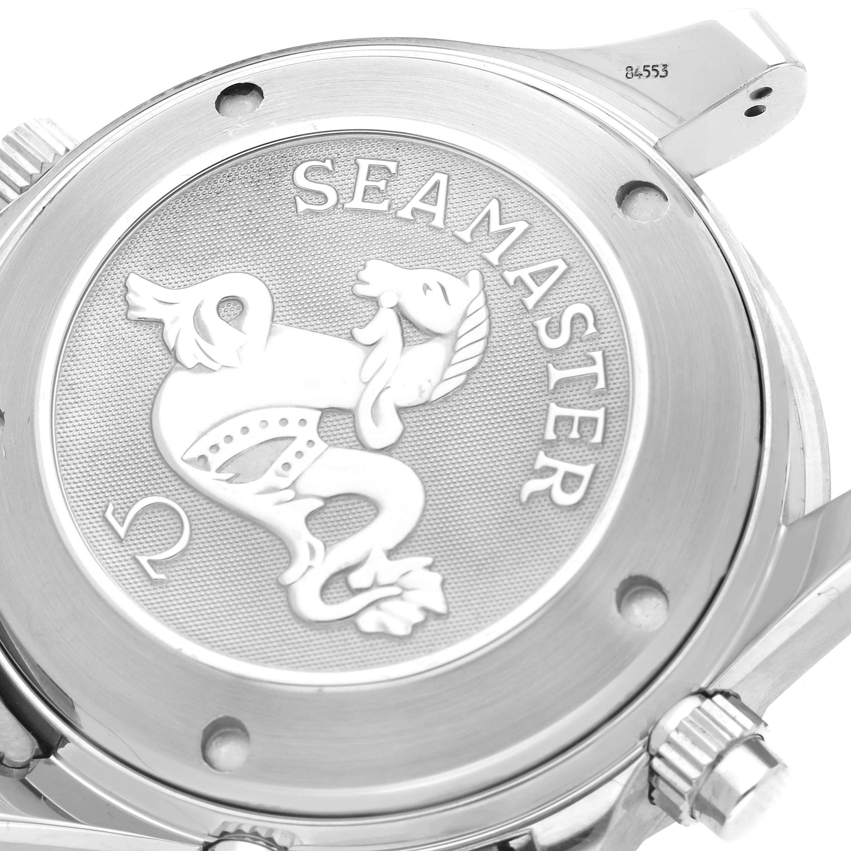 The image shows the case back of an Omega Seamaster 2225.80.00 Men
s Stainless Steel Blue Dial 2225.80.00 Men
s Stainless Steel Blue Dial watch, featuring its emblem and model name engraving.