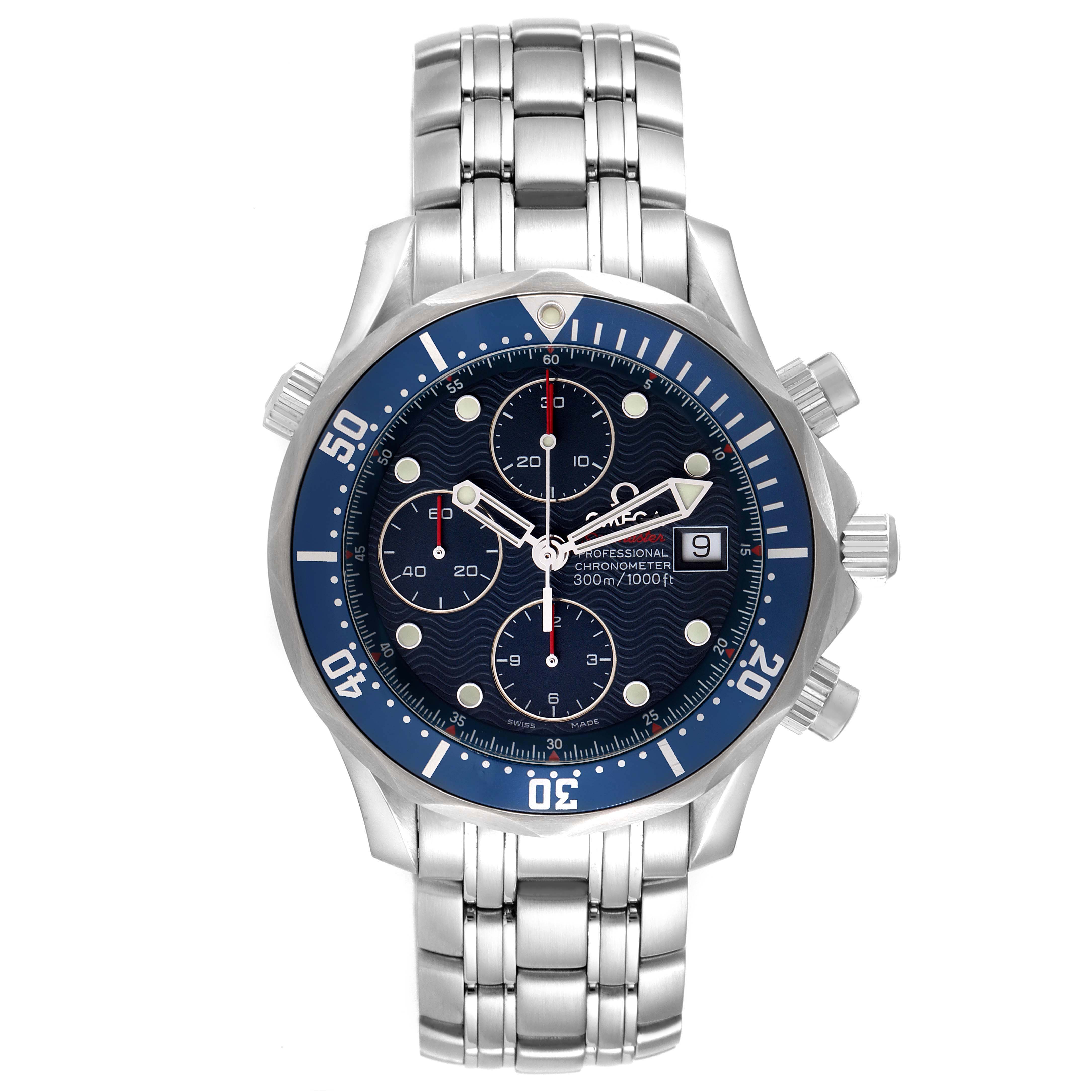 The Omega Seamaster 2225.80.00 Men
s Stainless Steel Blue Dial 2225.80.00 Men
s Stainless Steel Blue Dial watch is shown from the front, highlighting its blue bezel, subdials, and metal bracelet.
