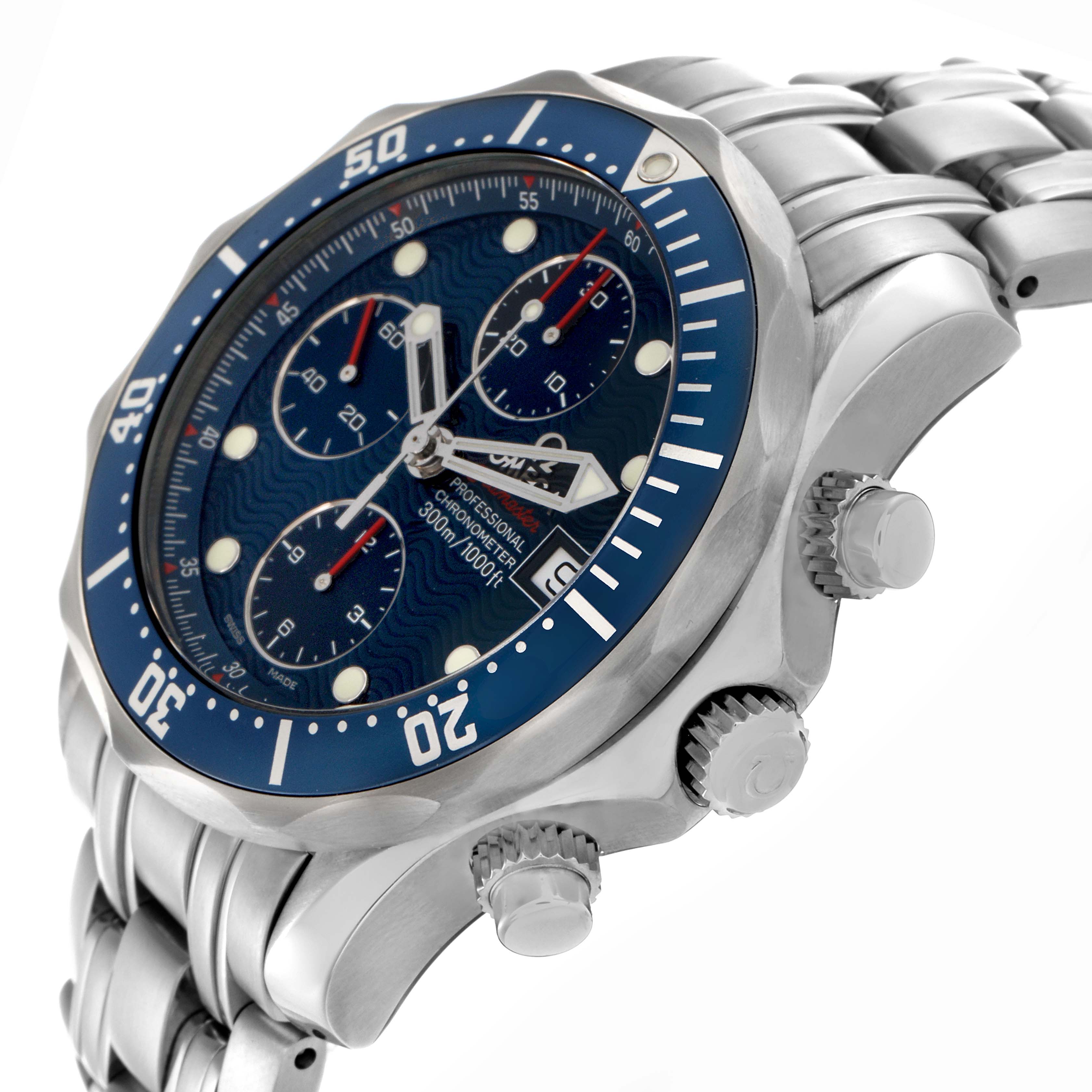 The Omega Seamaster 2225.80.00 Men
s Stainless Steel Blue Dial 2225.80.00 Men
s Stainless Steel Blue Dial watch is shown at an angle featuring the bezel, dial, chronograph subdials, crown, and stainless steel bracelet.