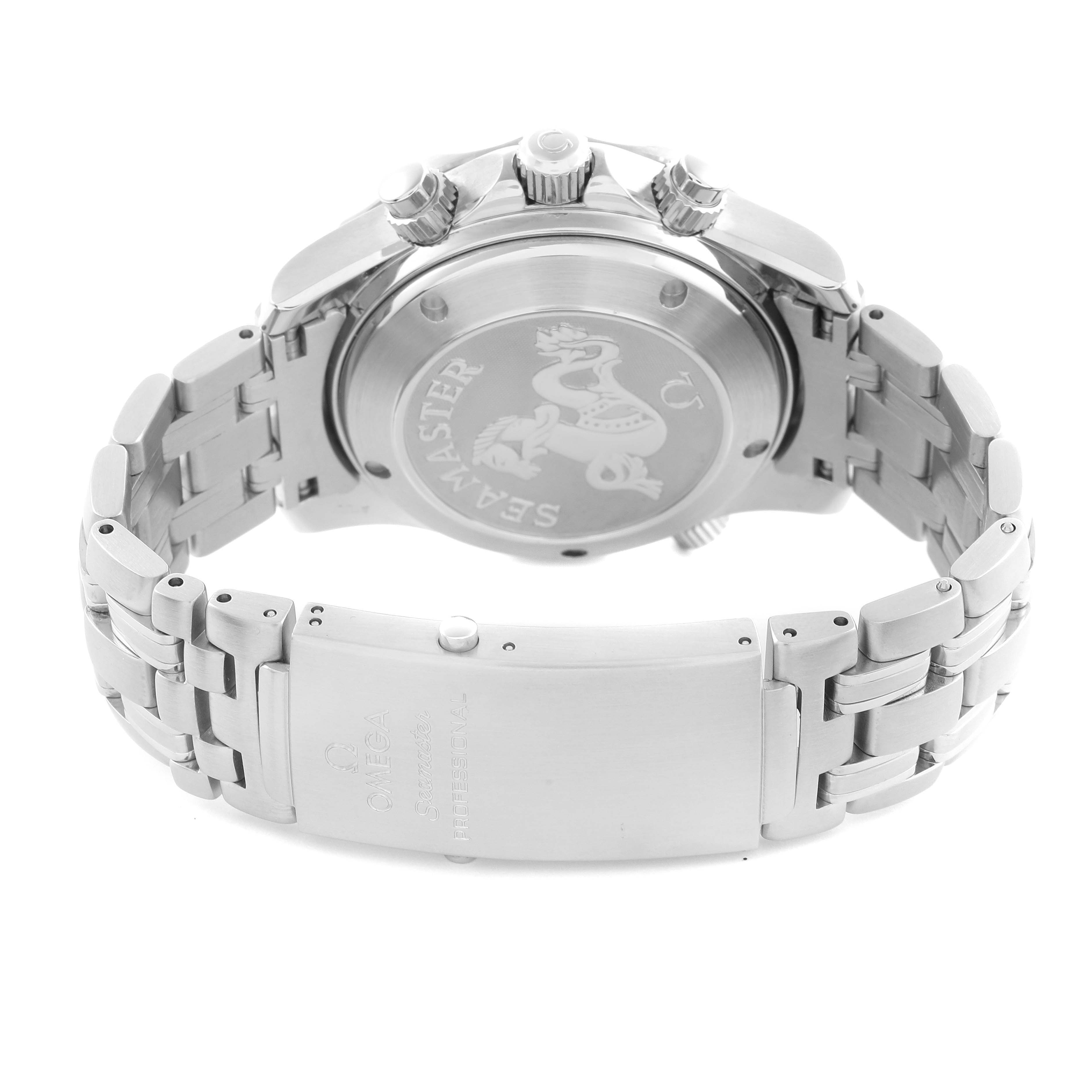 The Omega Seamaster 2225.80.00 Men
s Stainless Steel Blue Dial 2225.80.00 Men
s Stainless Steel Blue Dial watch is shown from the back, displaying the case back, crown, pushers, and metal bracelet clasp.