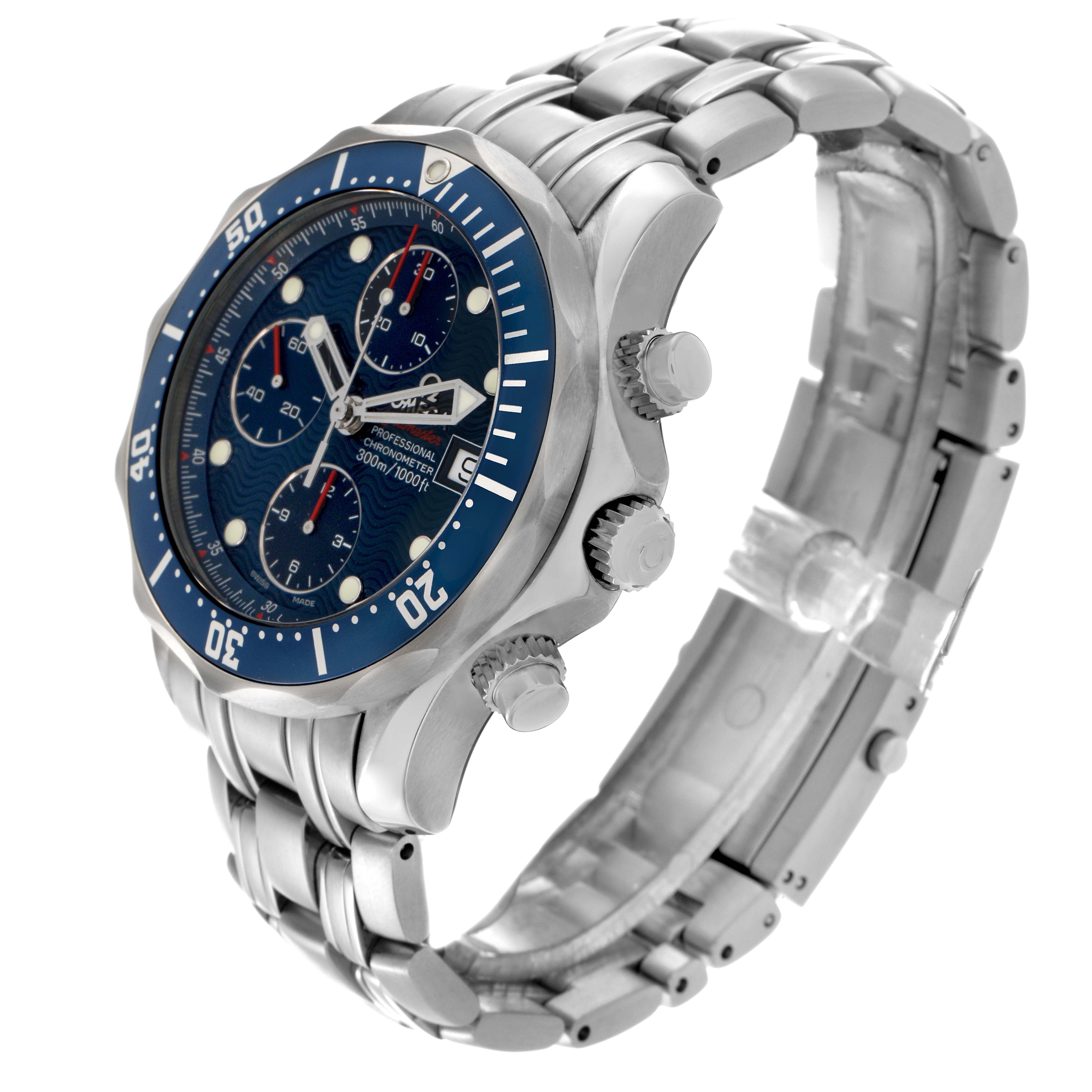 The Omega Seamaster 2225.80.00 Men
s Stainless Steel Blue Dial 2225.80.00 Men
s Stainless Steel Blue Dial watch is shown at a three-quarter angle, highlighting the bracelet, bezel, and pushers.