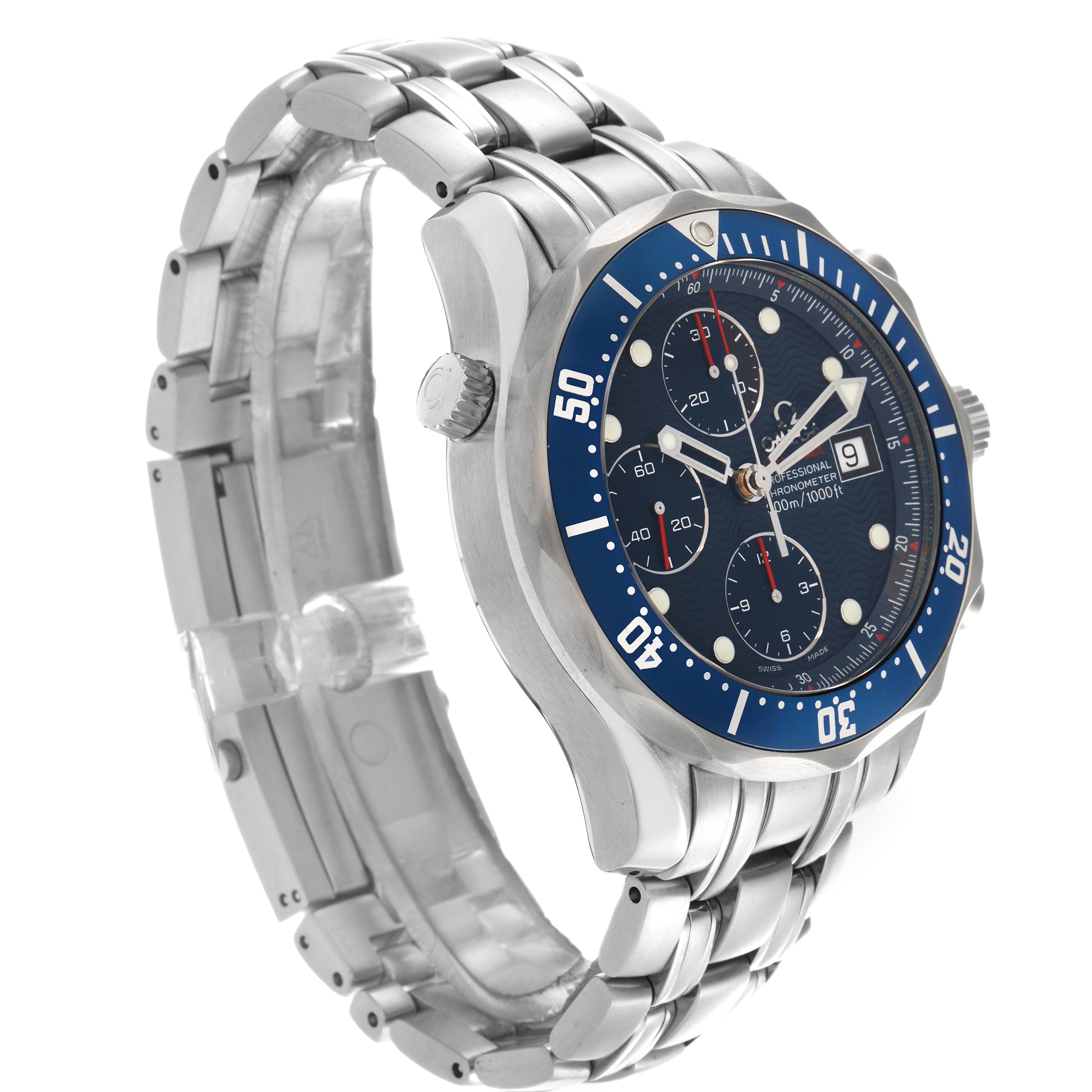 The Omega Seamaster 2225.80.00 Men
s Stainless Steel Blue Dial 2225.80.00 Men
s Stainless Steel Blue Dial watch is shown at an angle displaying the right side, including the crown, bezel, and bracelet.