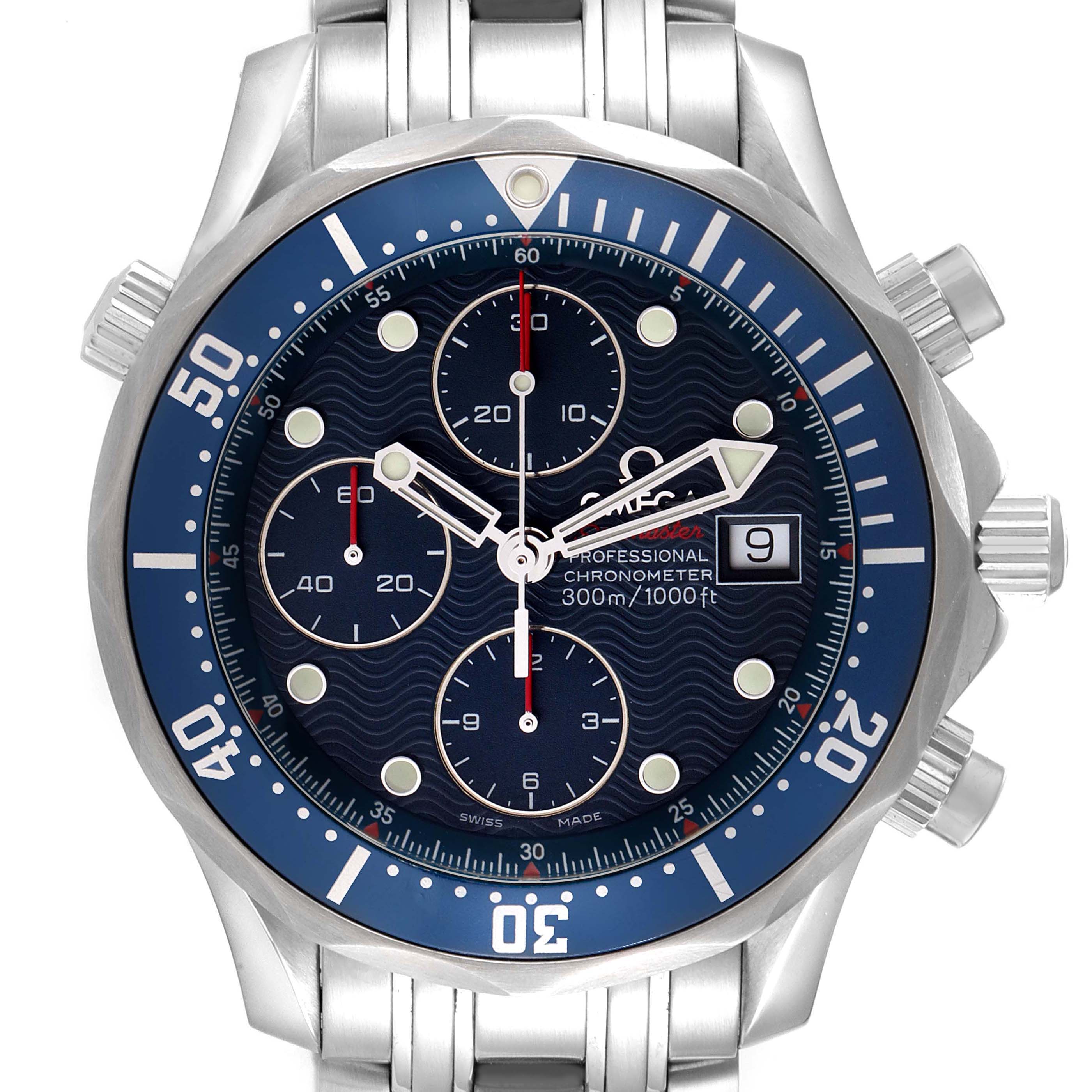 The Omega Seamaster 2225.80.00 Men
s Stainless Steel Blue Dial 2225.80.00 Men
s Stainless Steel Blue Dial watch is shown from the front, highlighting the dial, bezel, and crown.