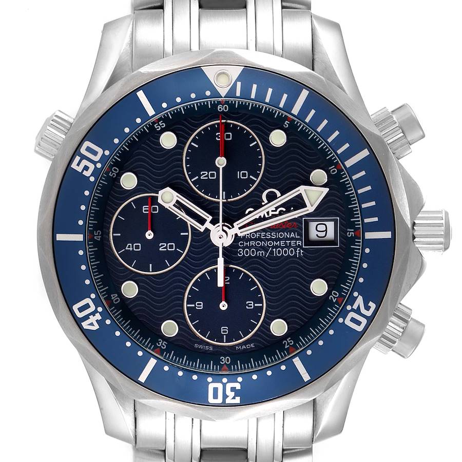 The Omega Seamaster watch is shown from the front, highlighting the dial, bezel, and crown.