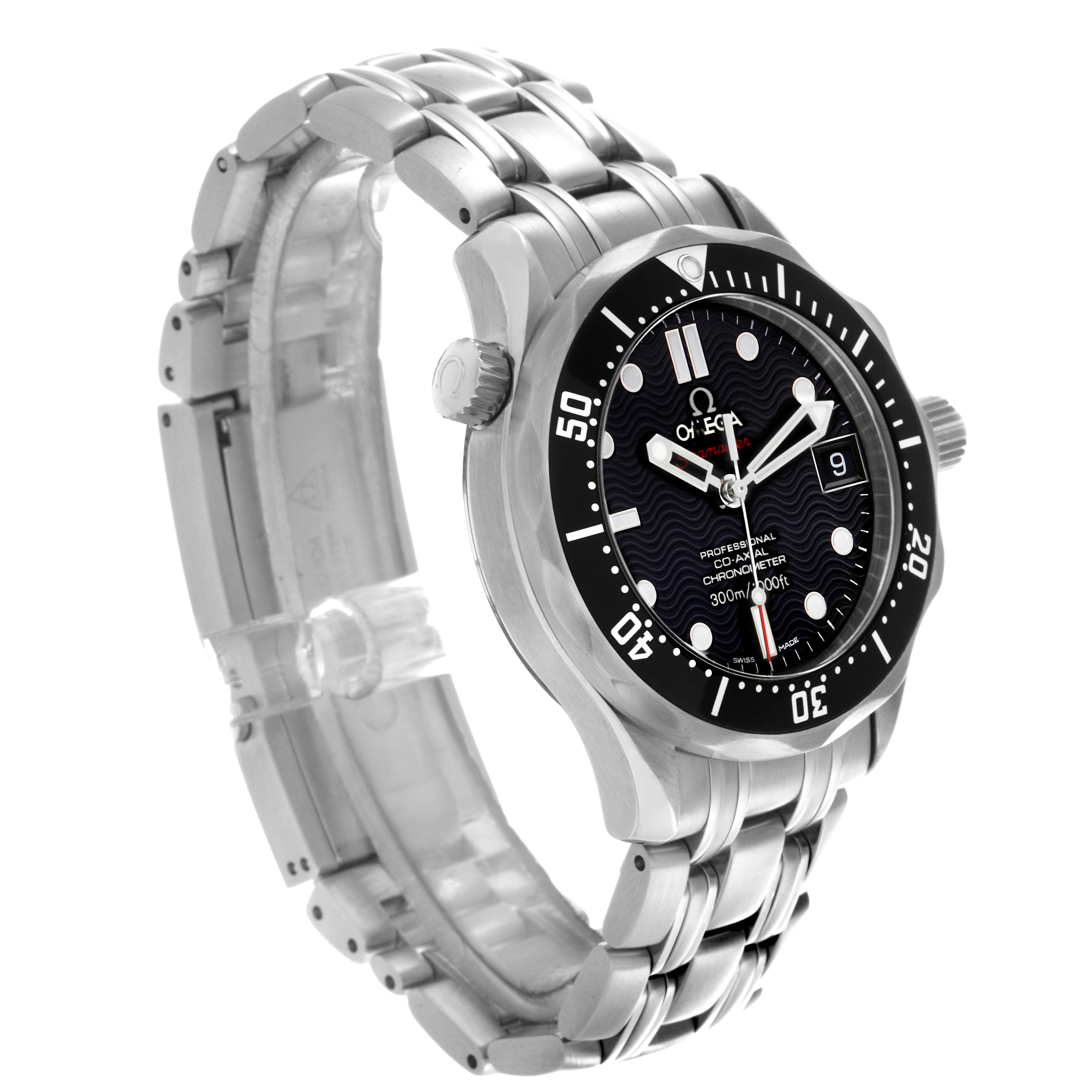 The Omega Seamaster 212.30.36.20.01.001 Men
s Stainless Steel Black Dial 212.30.36.20.01.001 Men
s Stainless Steel Black Dial watch is shown at a three-quarter angle, highlighting the face, bezel, and metal bracelet.