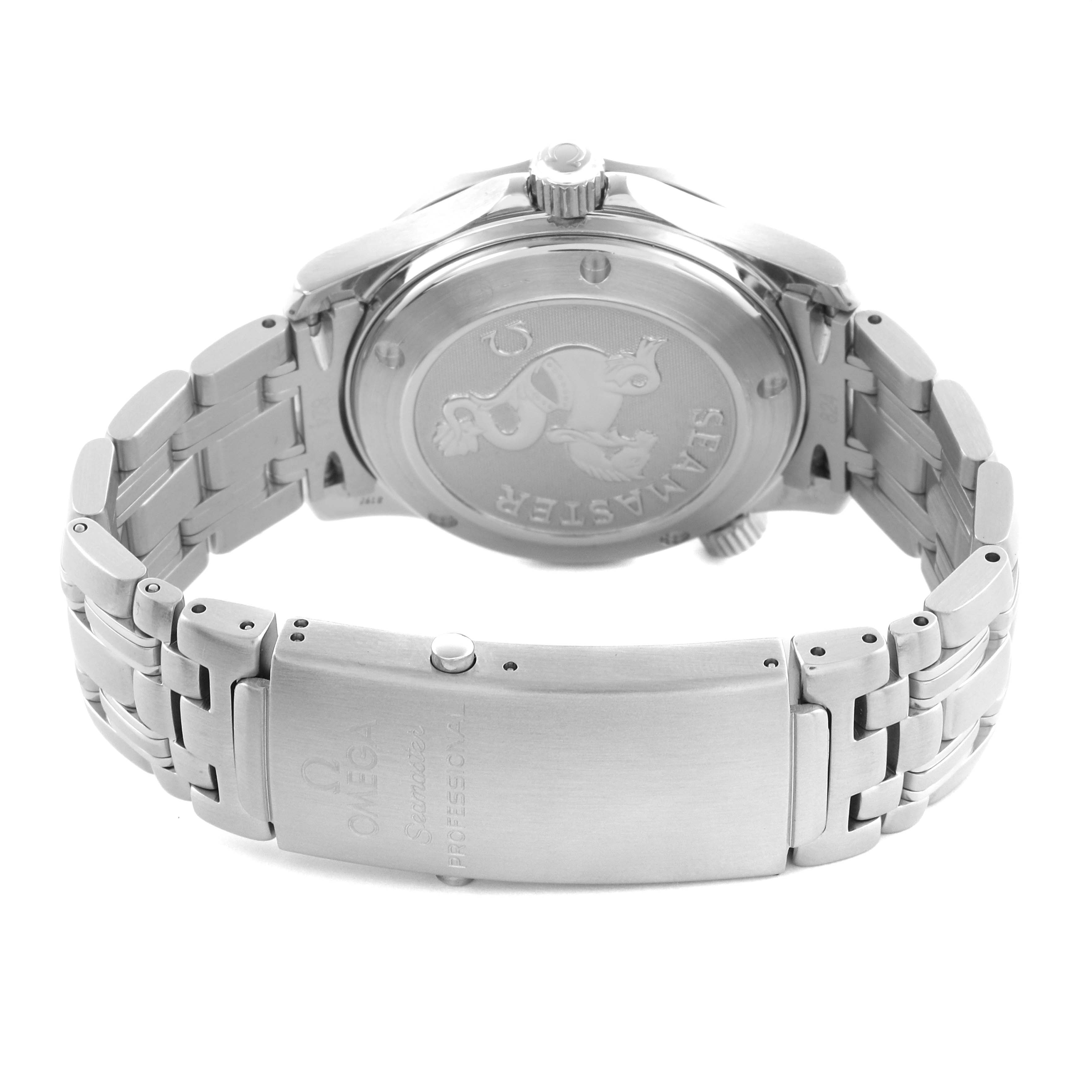 The Omega Seamaster 212.30.36.20.01.001 Men
s Stainless Steel Black Dial 212.30.36.20.01.001 Men
s Stainless Steel Black Dial watch is shown from the back, highlighting the case back and stainless steel bracelet.