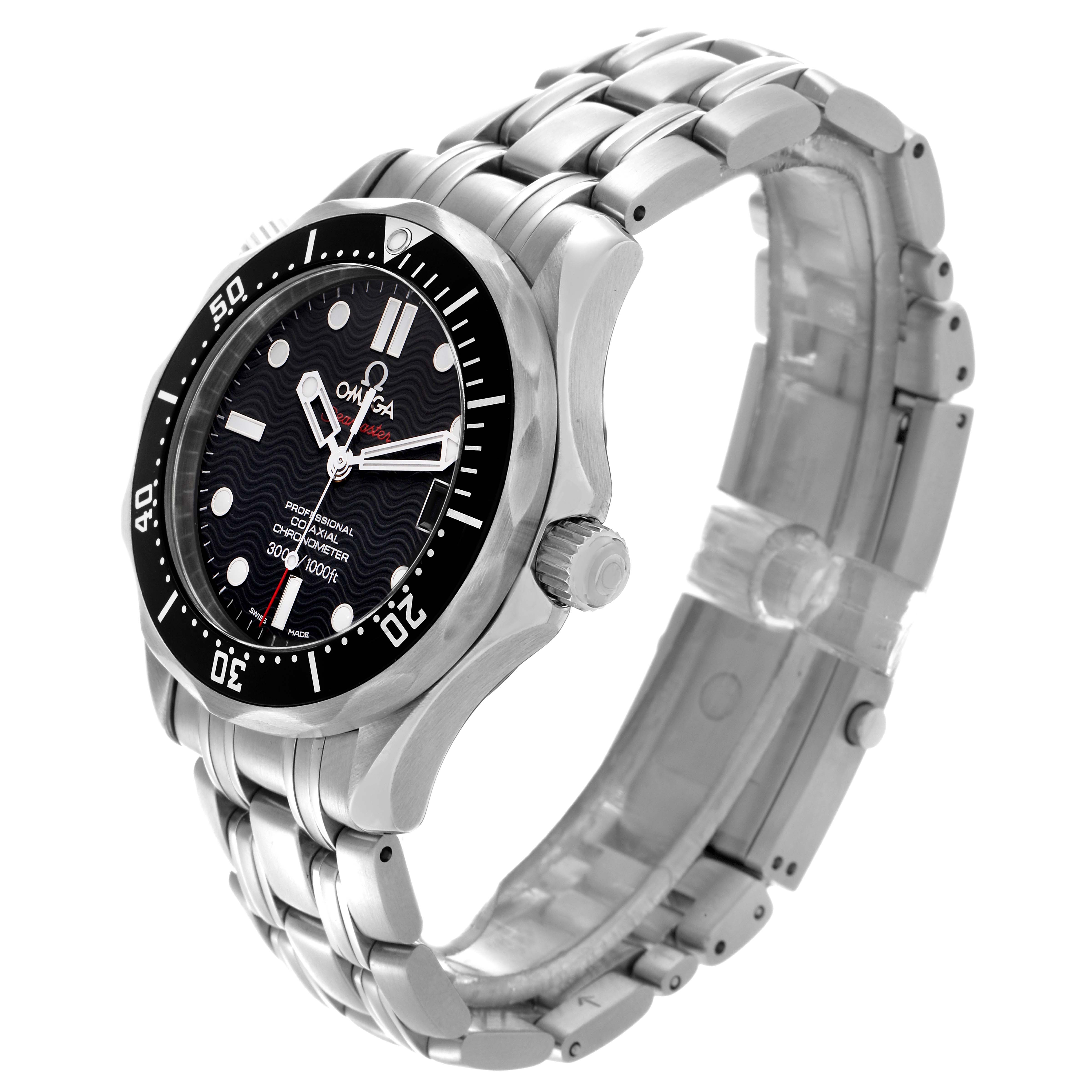 The Omega Seamaster 212.30.36.20.01.001 Men
s Stainless Steel Black Dial 212.30.36.20.01.001 Men
s Stainless Steel Black Dial watch is shown at a three-quarter angle, displaying the face, bezel, crown, and metal bracelet.