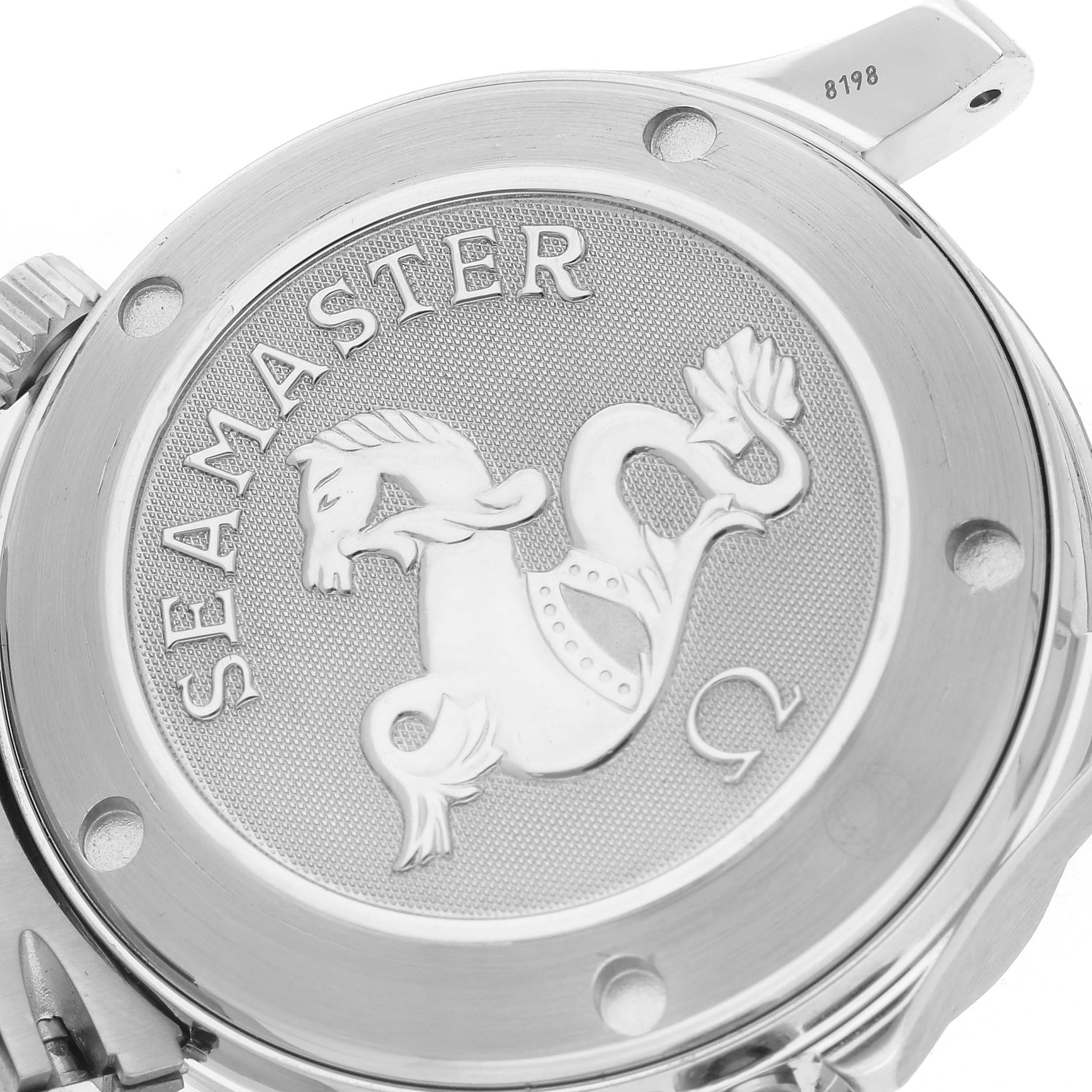 The image shows the back case of an Omega Seamaster 212.30.36.20.01.001 Men
s Stainless Steel Black Dial 212.30.36.20.01.001 Men
s Stainless Steel Black Dial watch, featuring the engraved emblem and crown side.