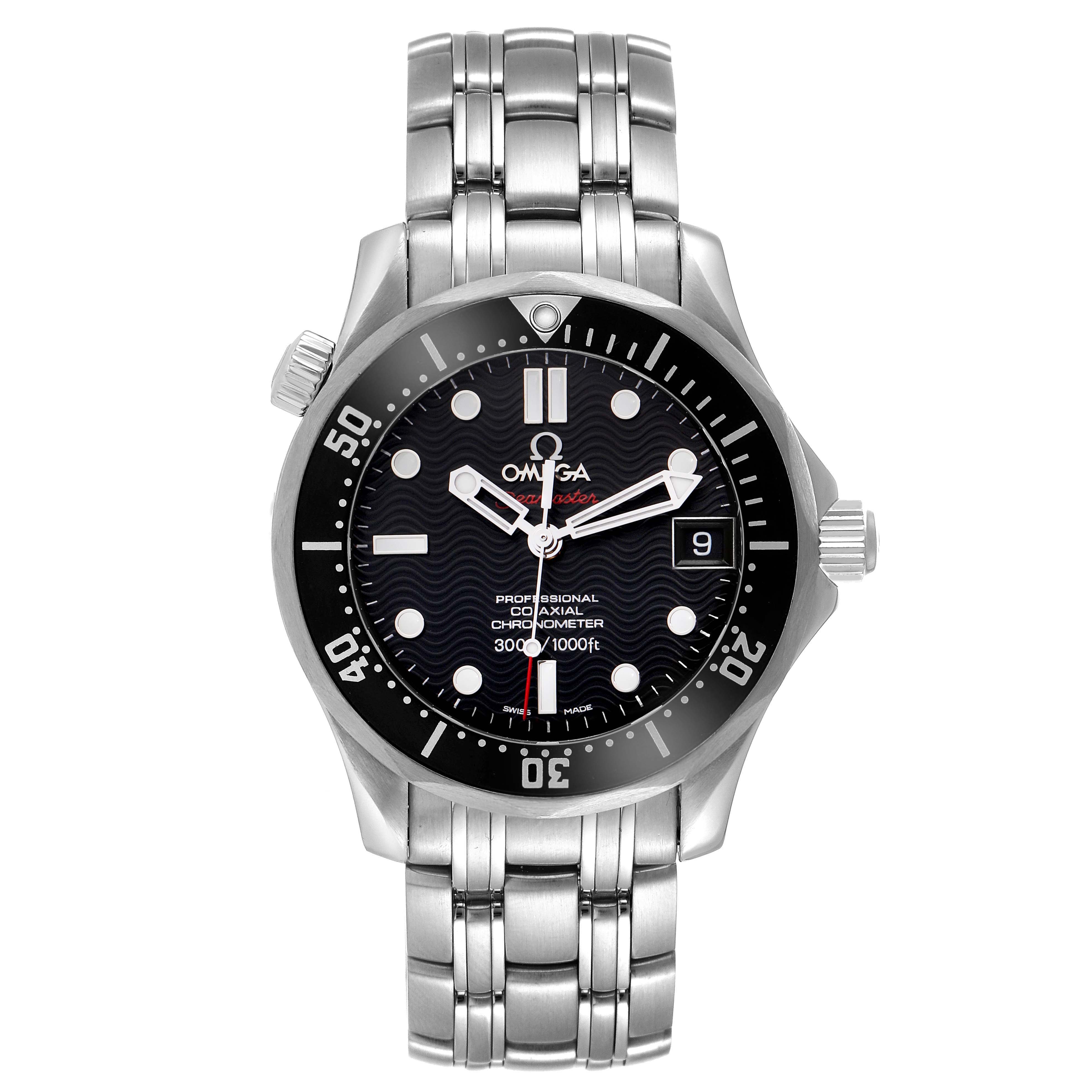 The Omega Seamaster 212.30.36.20.01.001 Men
s Stainless Steel Black Dial 212.30.36.20.01.001 Men
s Stainless Steel Black Dial watch is shown from the front, displaying the face, bezel, and bracelet.