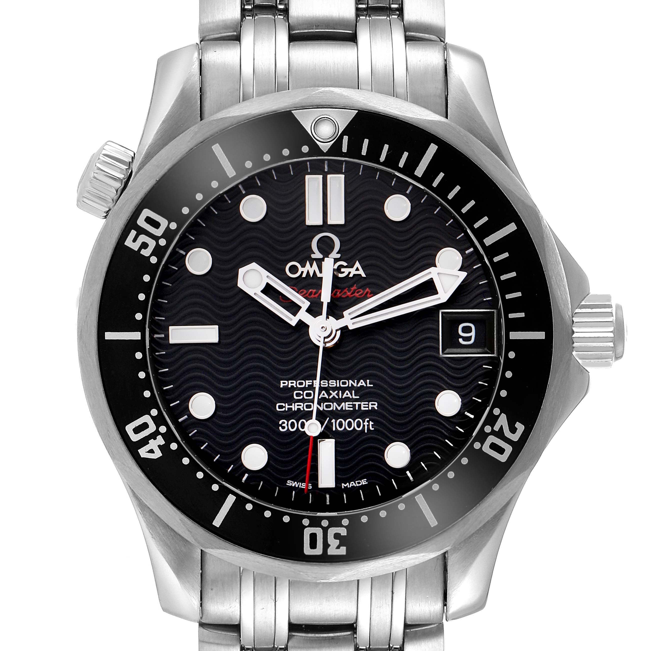 The Omega Seamaster 212.30.36.20.01.001 Men
s Stainless Steel Black Dial 212.30.36.20.01.001 Men
s Stainless Steel Black Dial watch is shown from a frontal angle, displaying the dial, bezel, and part of the bracelet.
