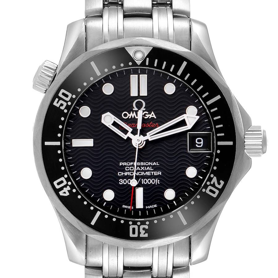 The Omega Seamaster watch is shown from a frontal angle, displaying the dial, bezel, and part of the bracelet.