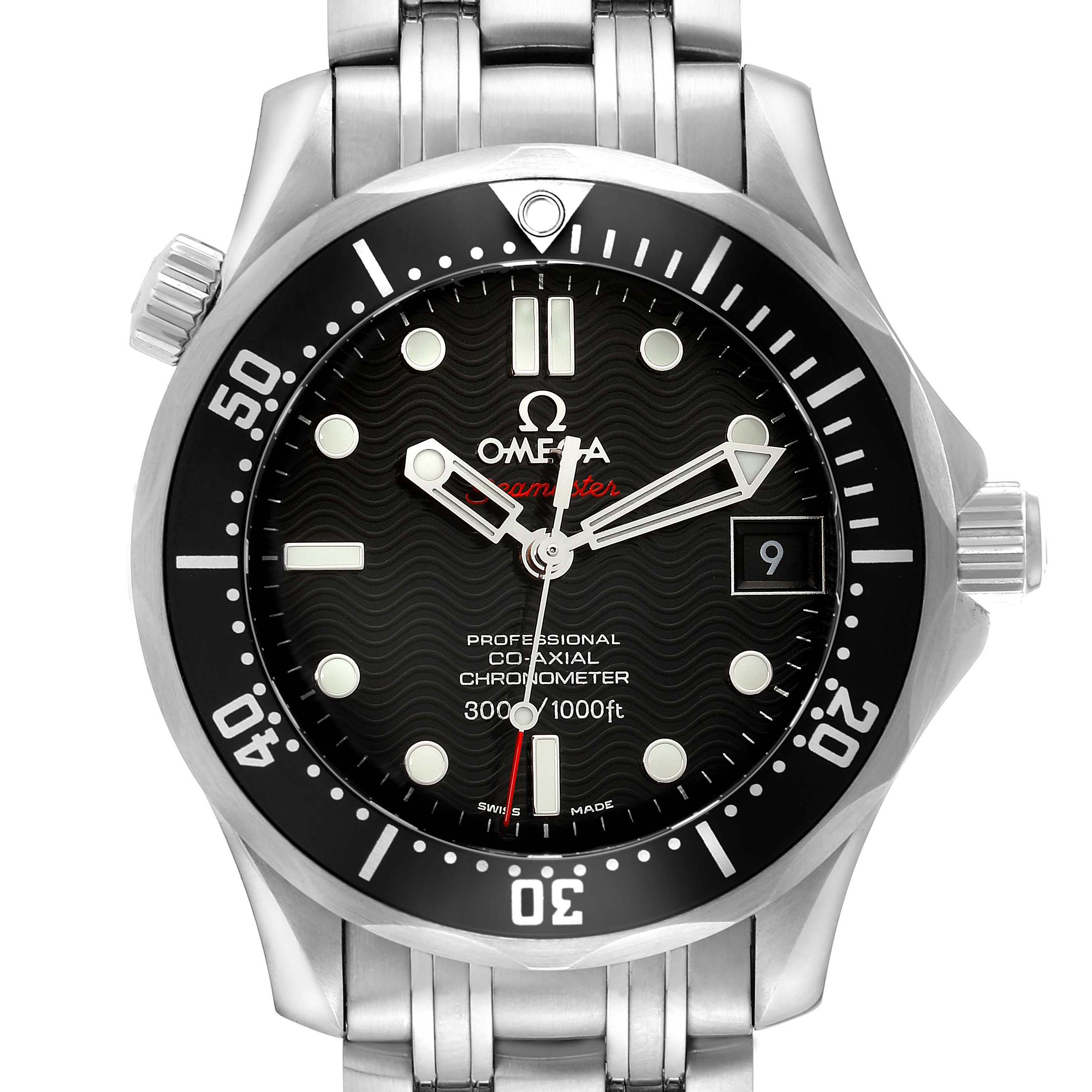 The Omega Seamaster 212.30.36.20.01.001 Men
s Stainless Steel Black Dial 212.30.36.20.01.001 Men
s Stainless Steel Black Dial watch is shown from the front, displaying the face, bezel, and part of the stainless steel bracelet.