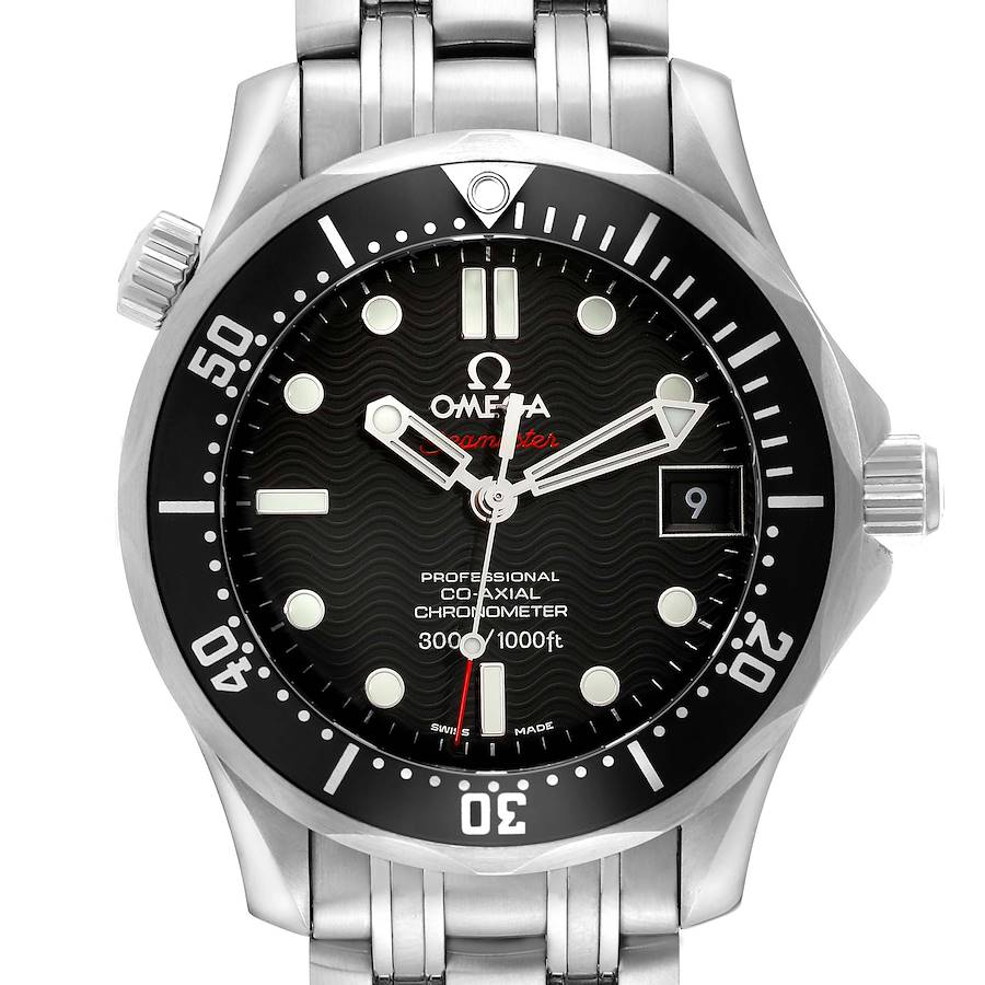 The Omega Seamaster watch is shown from the front, displaying the face, bezel, and part of the stainless steel bracelet.