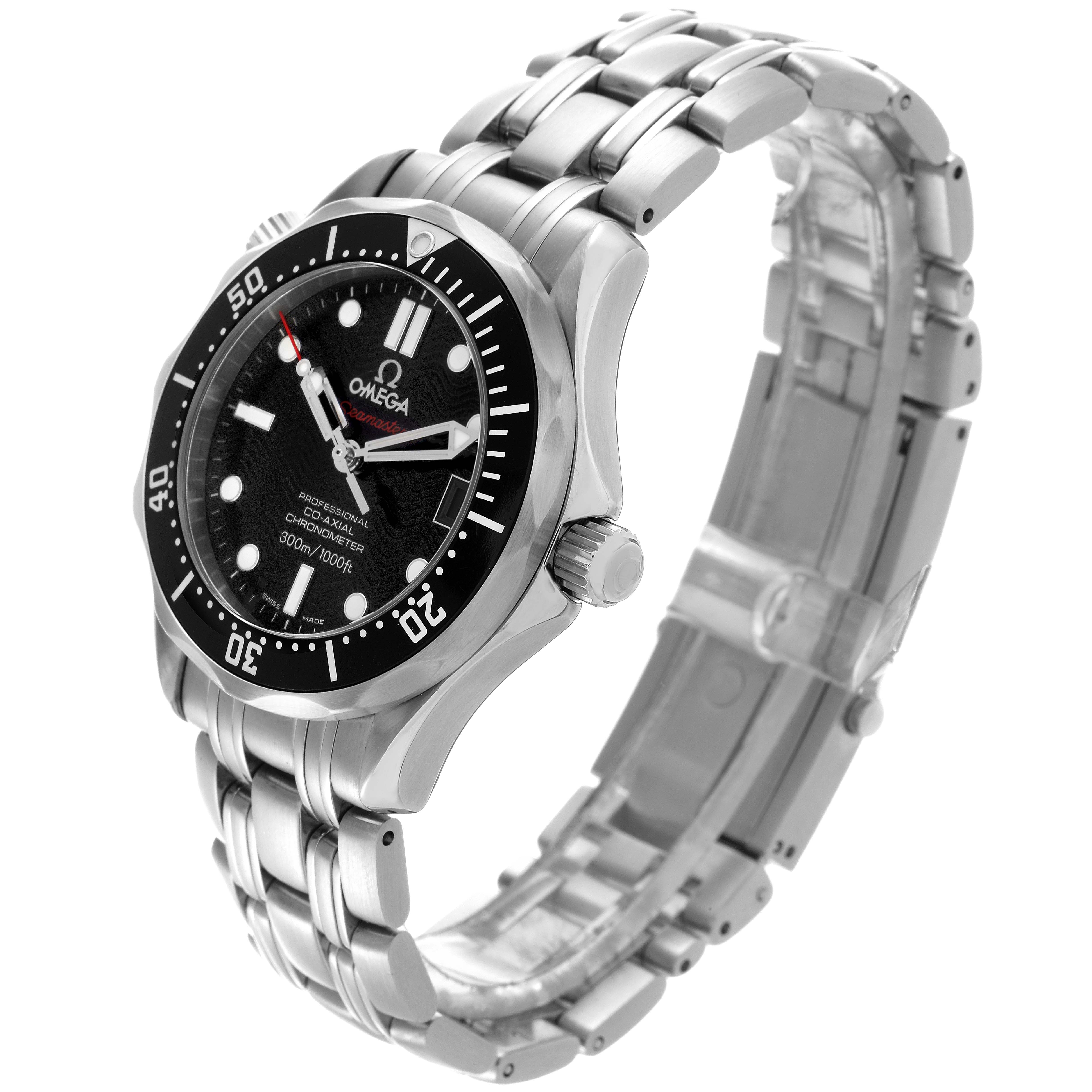 The Omega Seamaster 212.30.36.20.01.001 Men
s Stainless Steel Black Dial 212.30.36.20.01.001 Men
s Stainless Steel Black Dial watch is shown at a three-quarter angle, displaying the dial, bezel, crown, and bracelet.