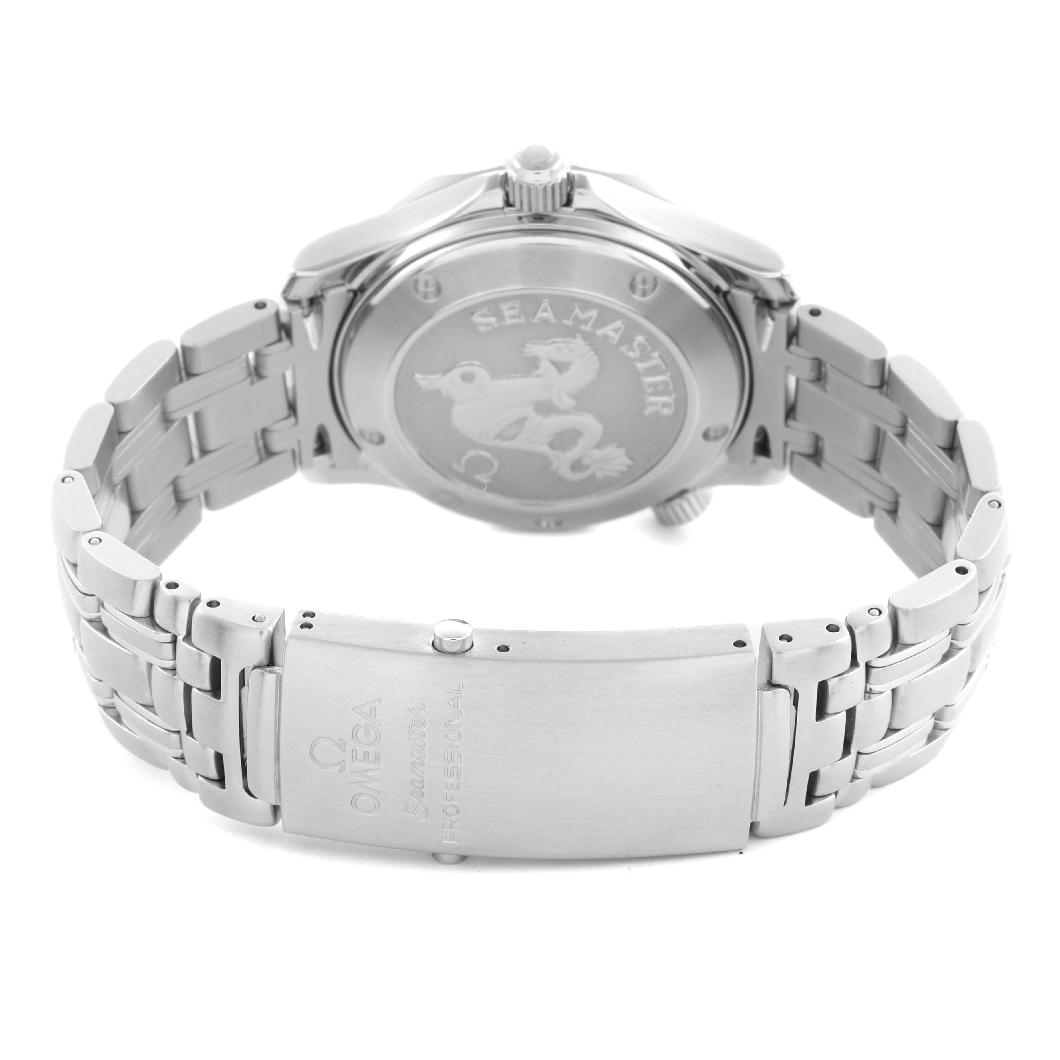 The image shows the back and bracelet of the Omega Seamaster 212.30.36.20.01.001 Men
s Stainless Steel Black Dial 212.30.36.20.01.001 Men
s Stainless Steel Black Dial, highlighting the clasp and engraved case back.